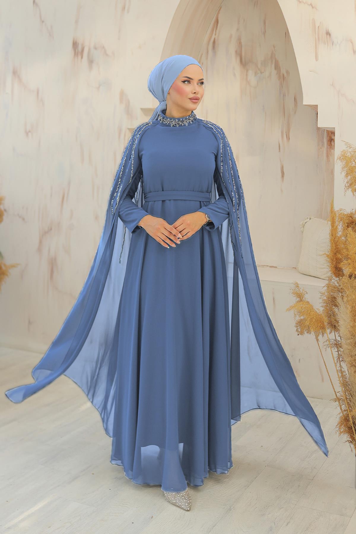 Tesettür Laren Şifon Abiye IndigoLP6088