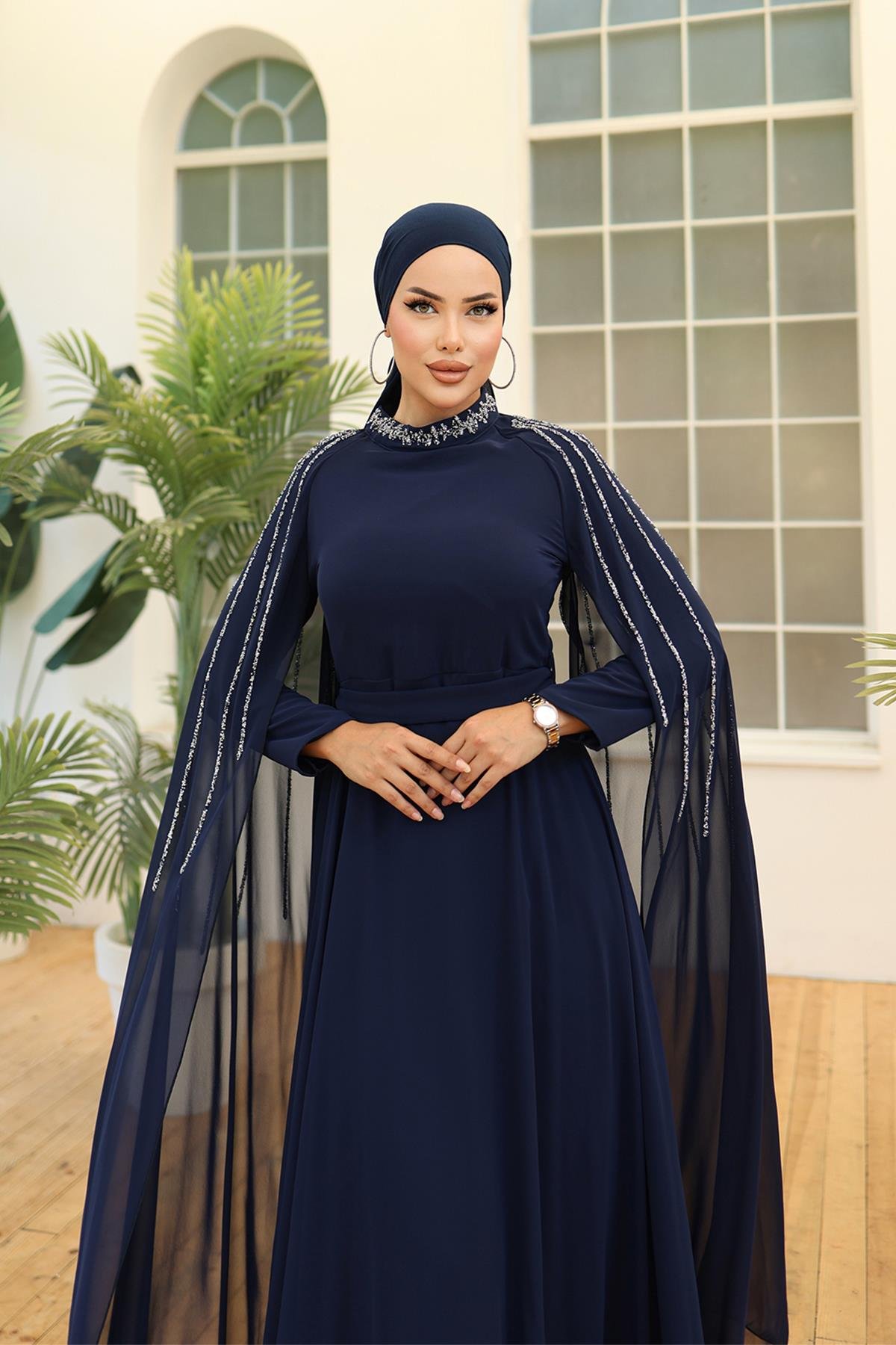 Tesettür Laren Şifon Abiye LacivertLP6088