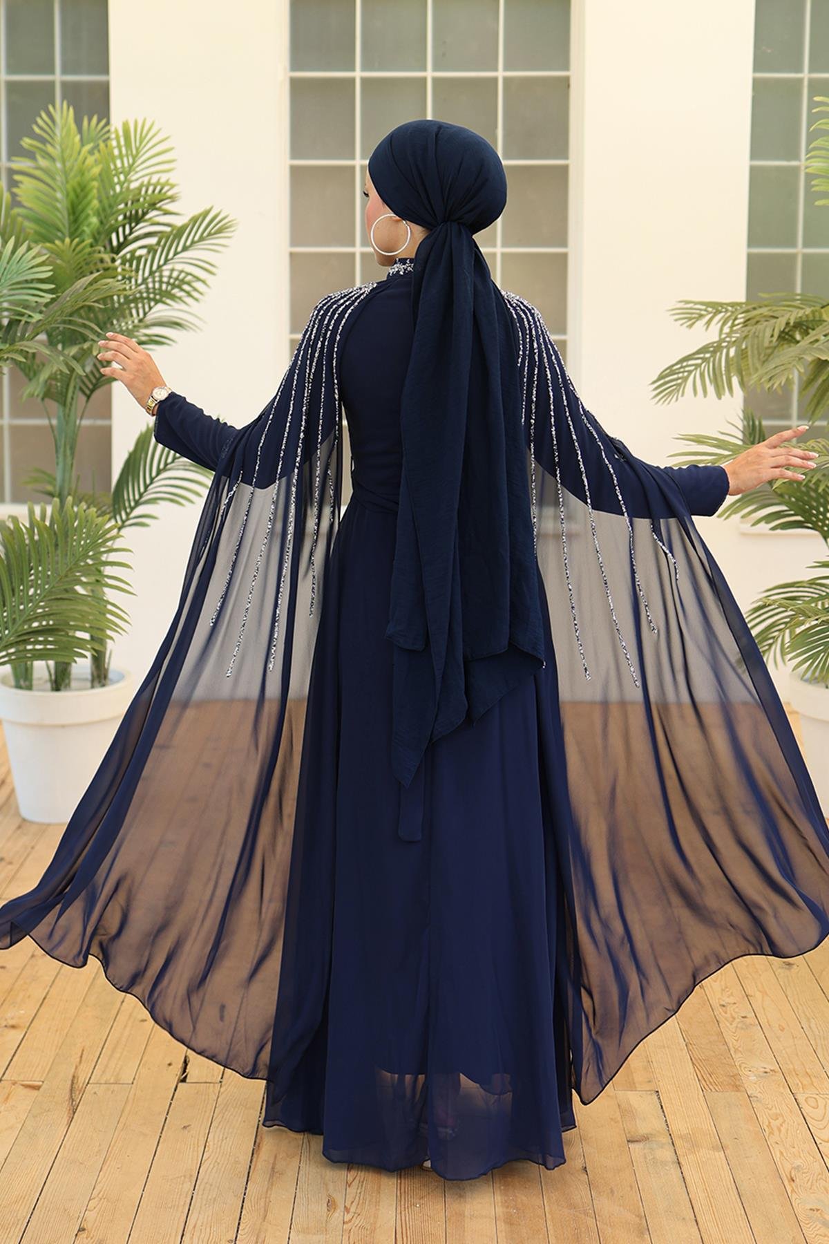 Tesettür Laren Şifon Abiye LacivertLP6088