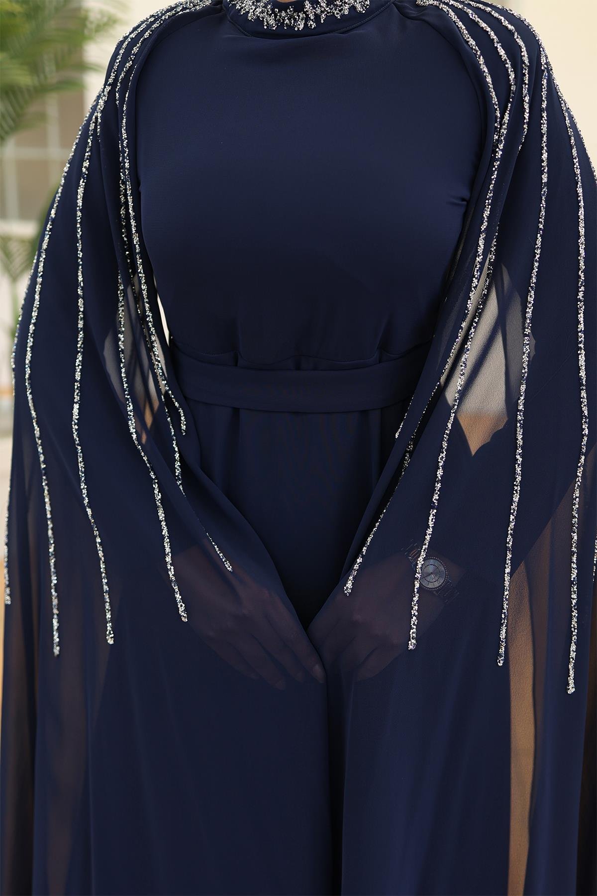 Tesettür Laren Şifon Abiye LacivertLP6088