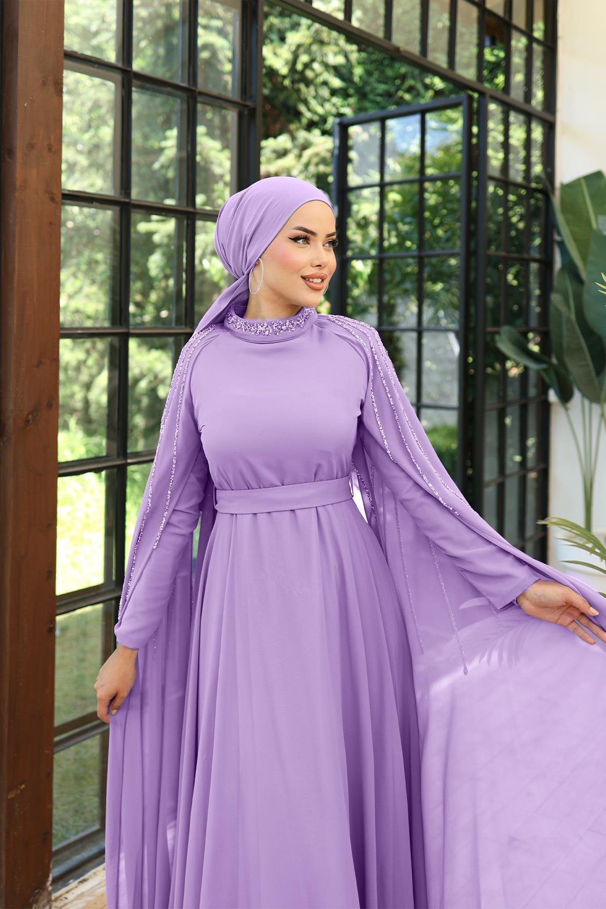 Tesettür Laren Şifon Abiye LilaLP6088