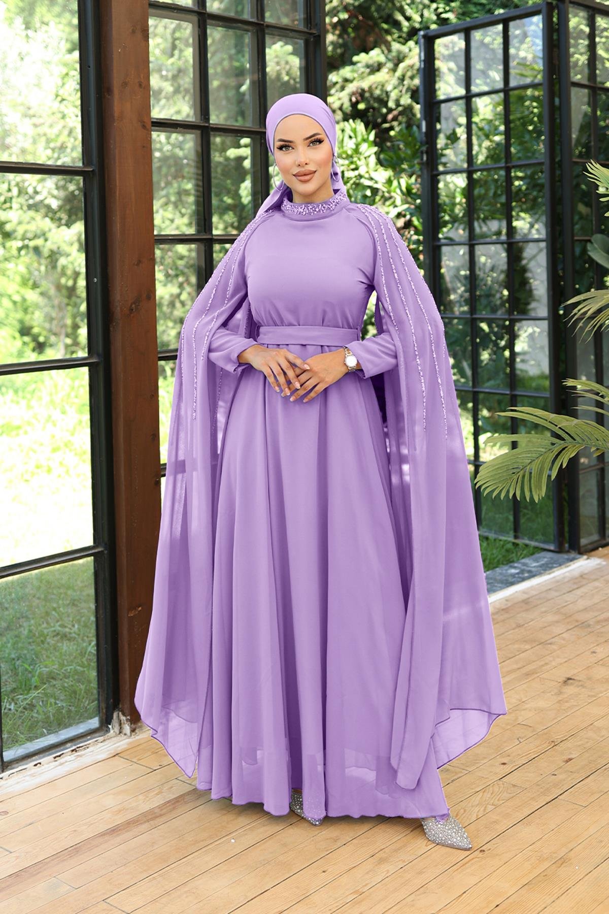 Tesettür Laren Şifon Abiye LilaLP6088