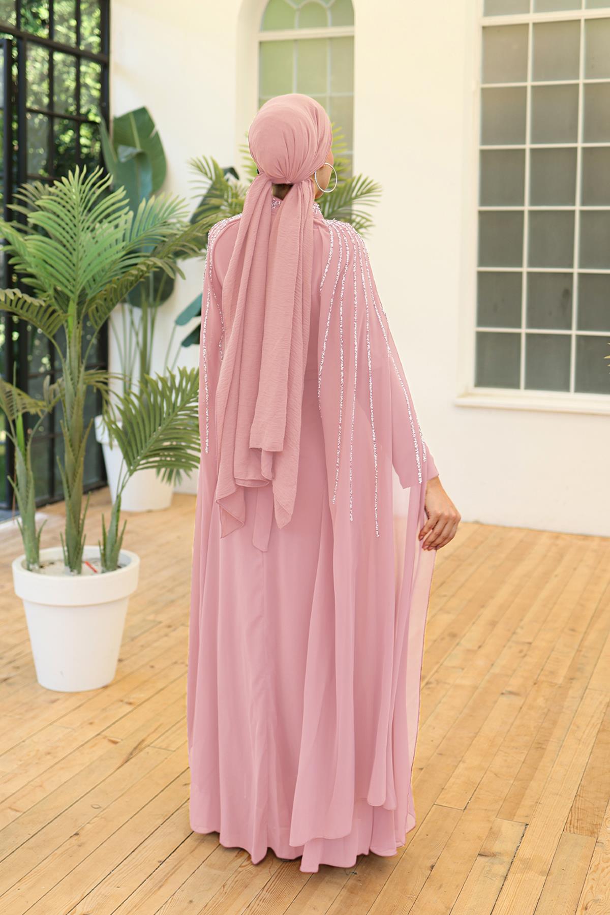 Tesettür Laren Şifon Abiye PudraLP6088