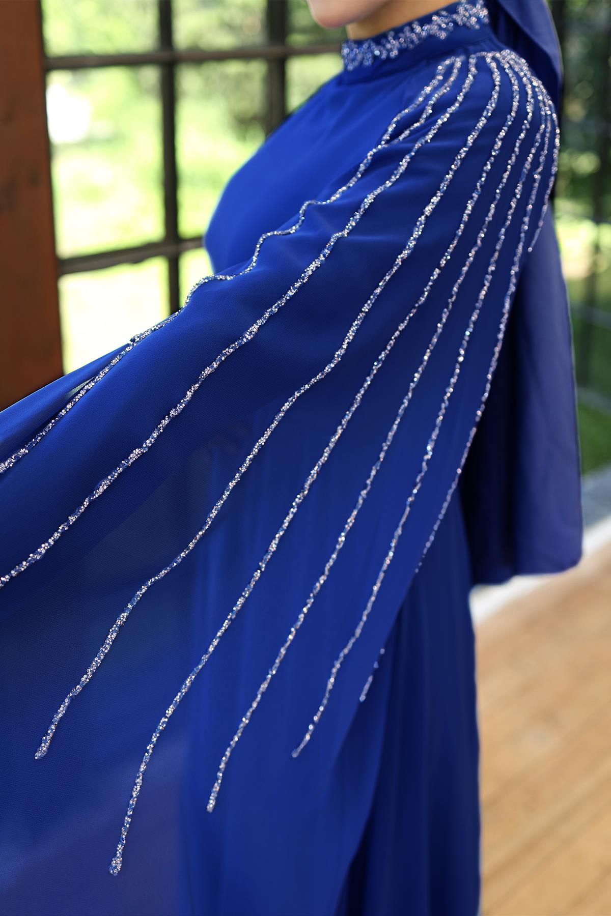 Tesettür Laren Şifon Abiye Saks MavisiLP6088