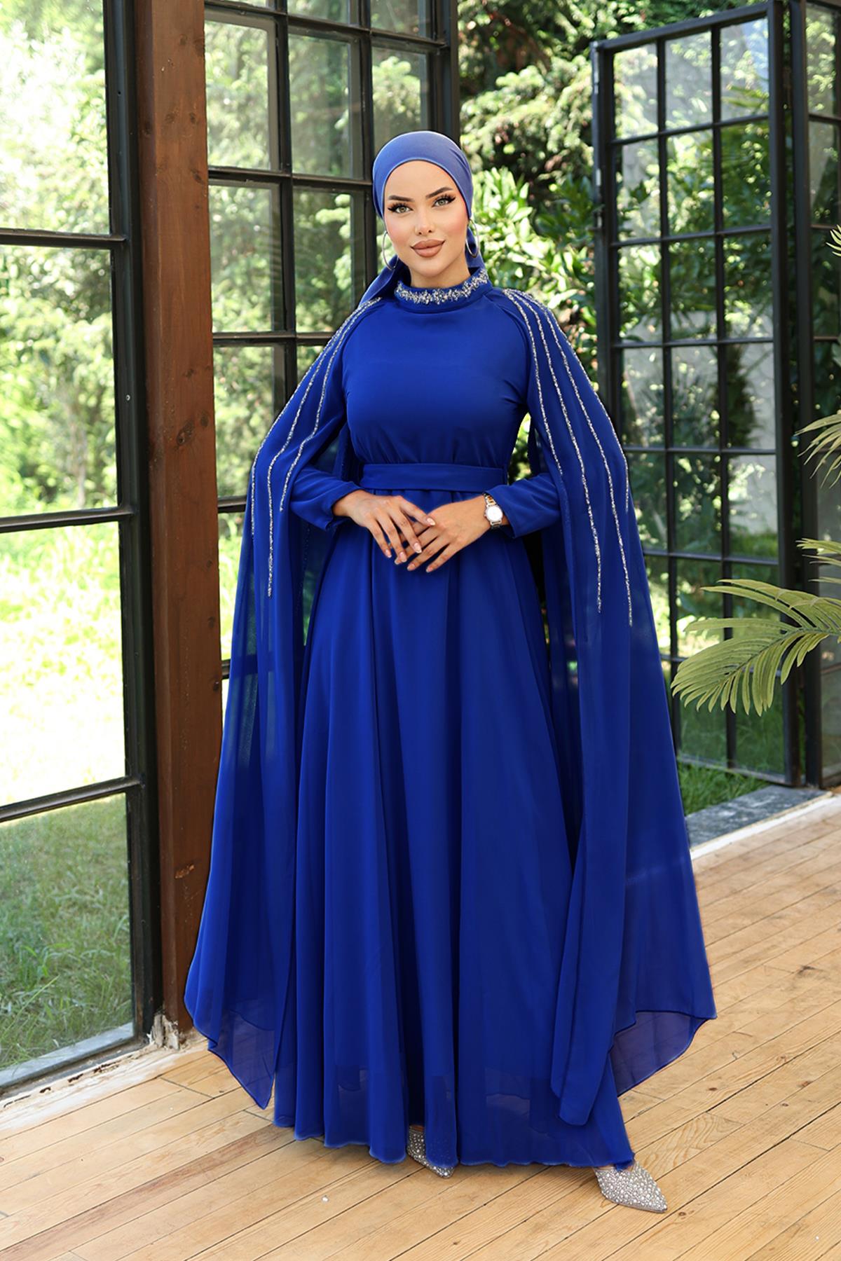 Tesettür Laren Şifon Abiye Saks MavisiLP6088