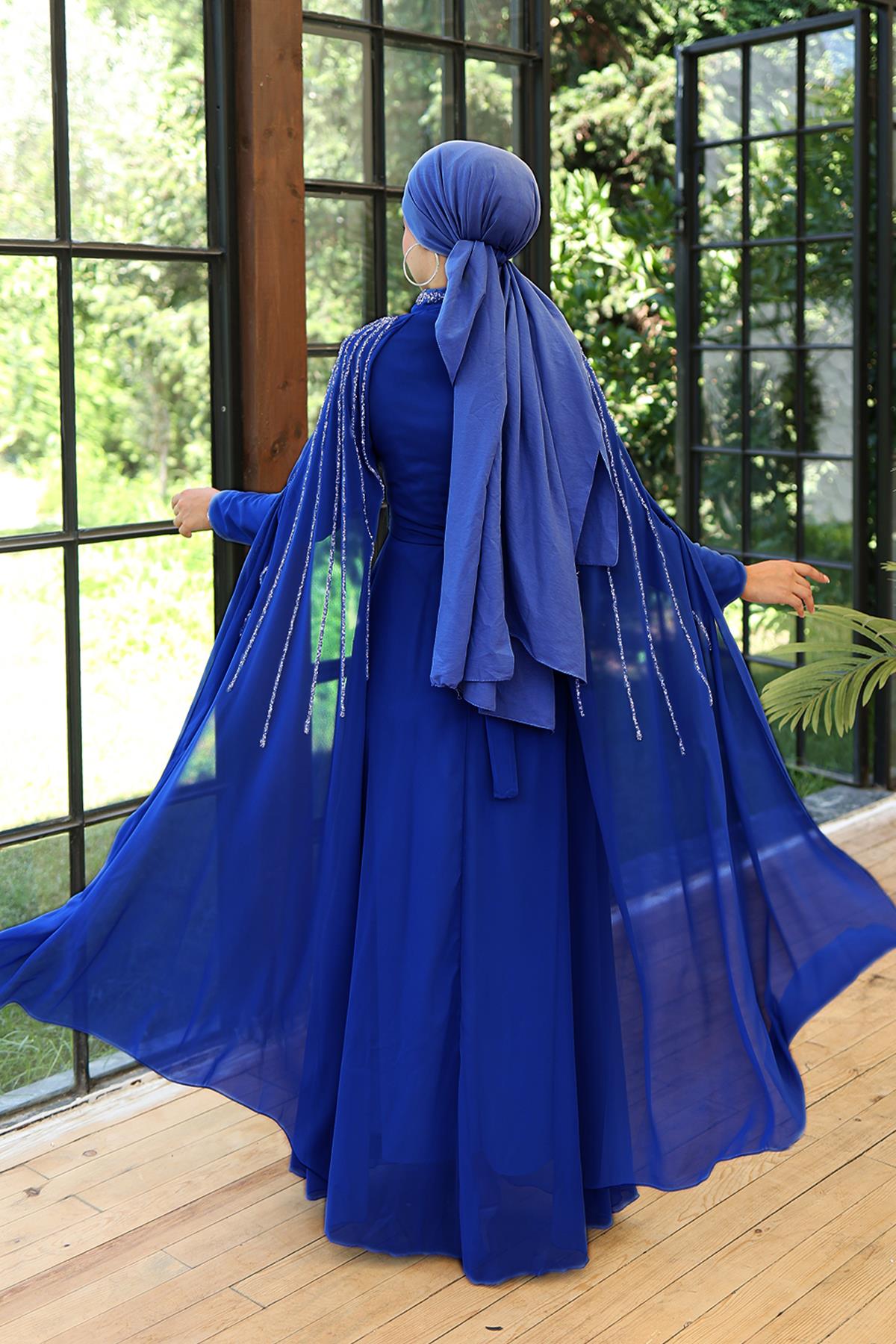 Tesettür Laren Şifon Abiye Saks MavisiLP6088