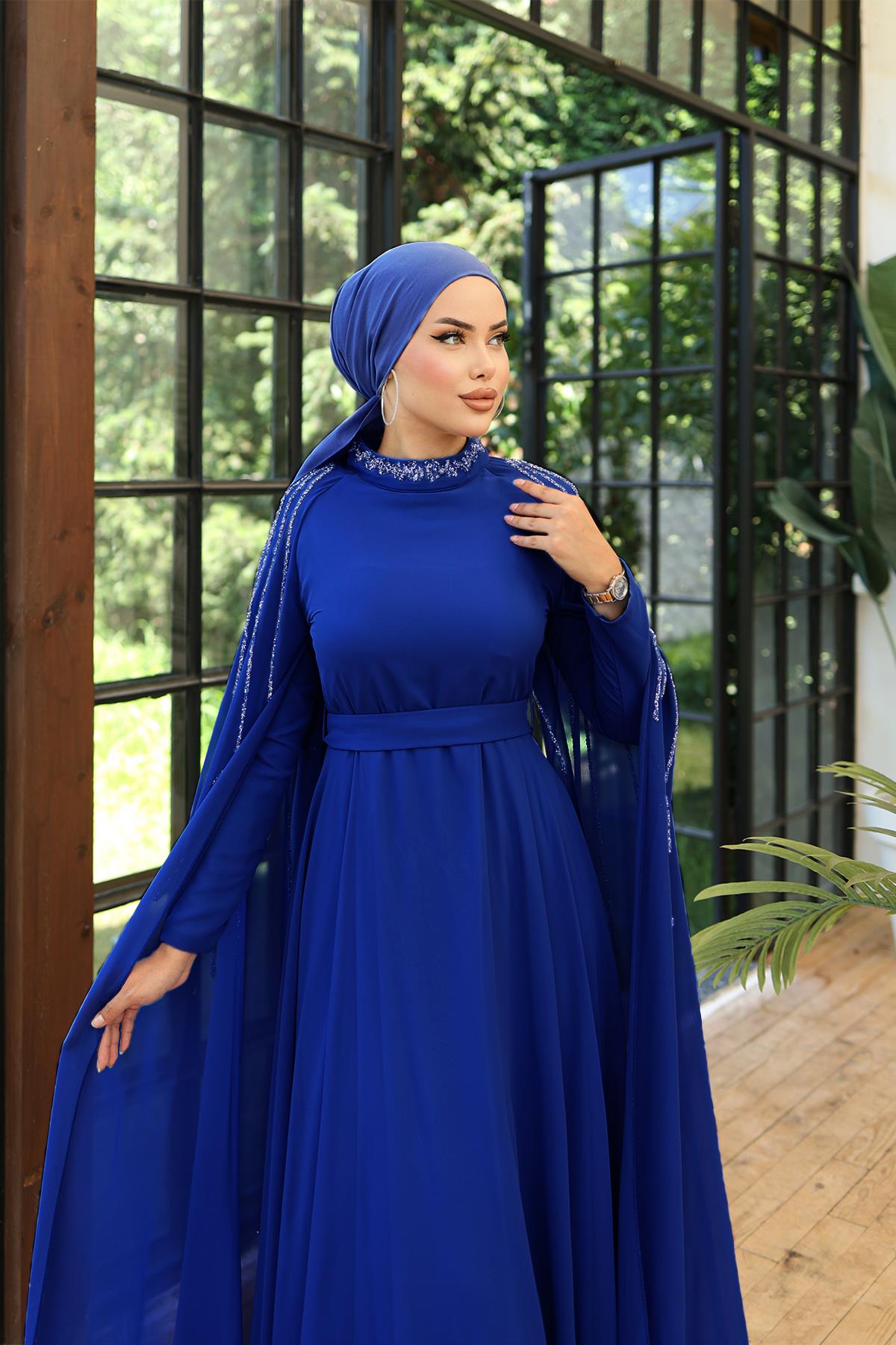 Tesettür Laren Şifon Abiye Saks MavisiLP6088