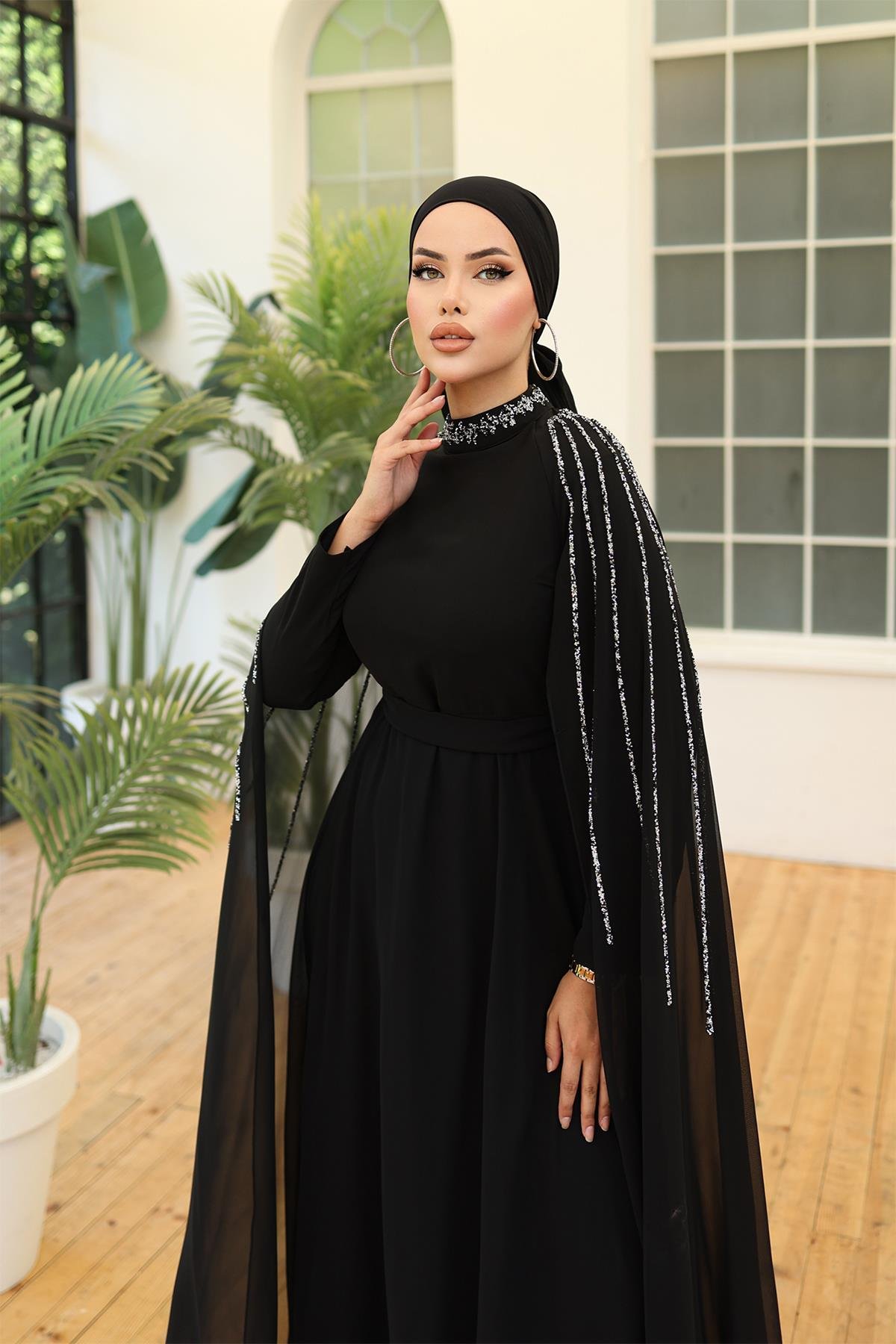 Tesettür Laren Şifon Abiye SiyahLP6088