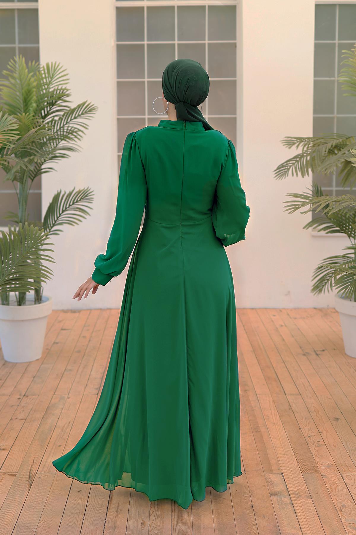 Tesettür Laren Şifon Abiye Zümrüt YeşiliLP6088
