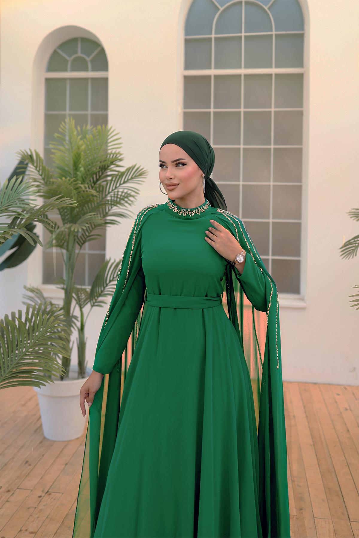 Tesettür Laren Şifon Abiye Zümrüt YeşiliLP6088