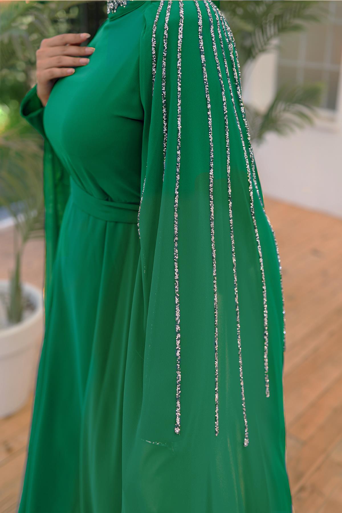 Tesettür Laren Şifon Abiye Zümrüt YeşiliLP6088