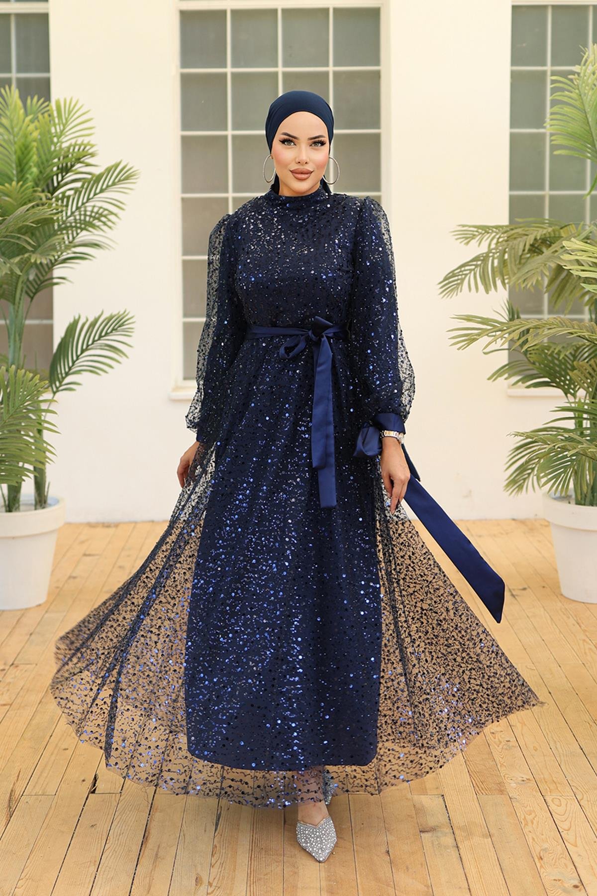Tesettür Larissa Boncuklu Tül Abiye LacivertLP5015