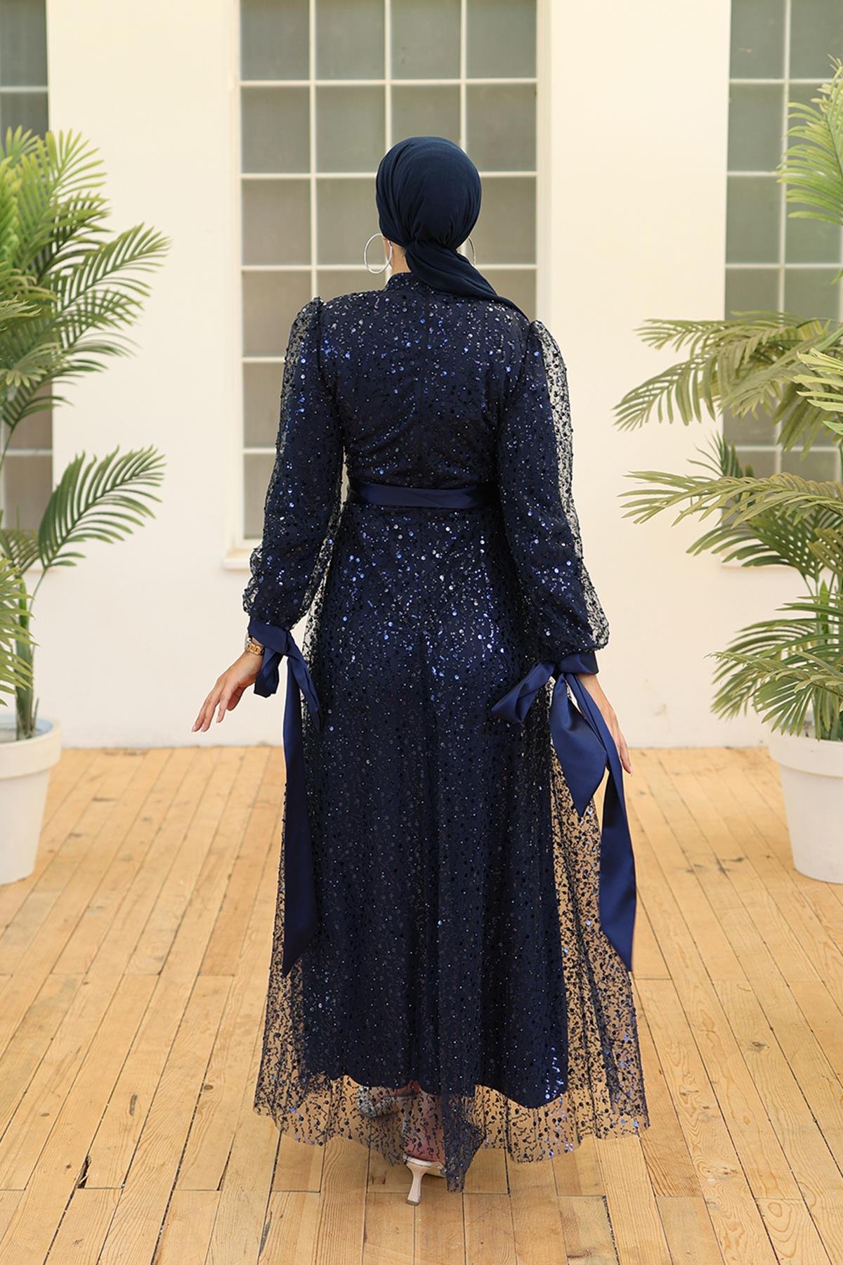 Tesettür Larissa Boncuklu Tül Abiye LacivertLP5015