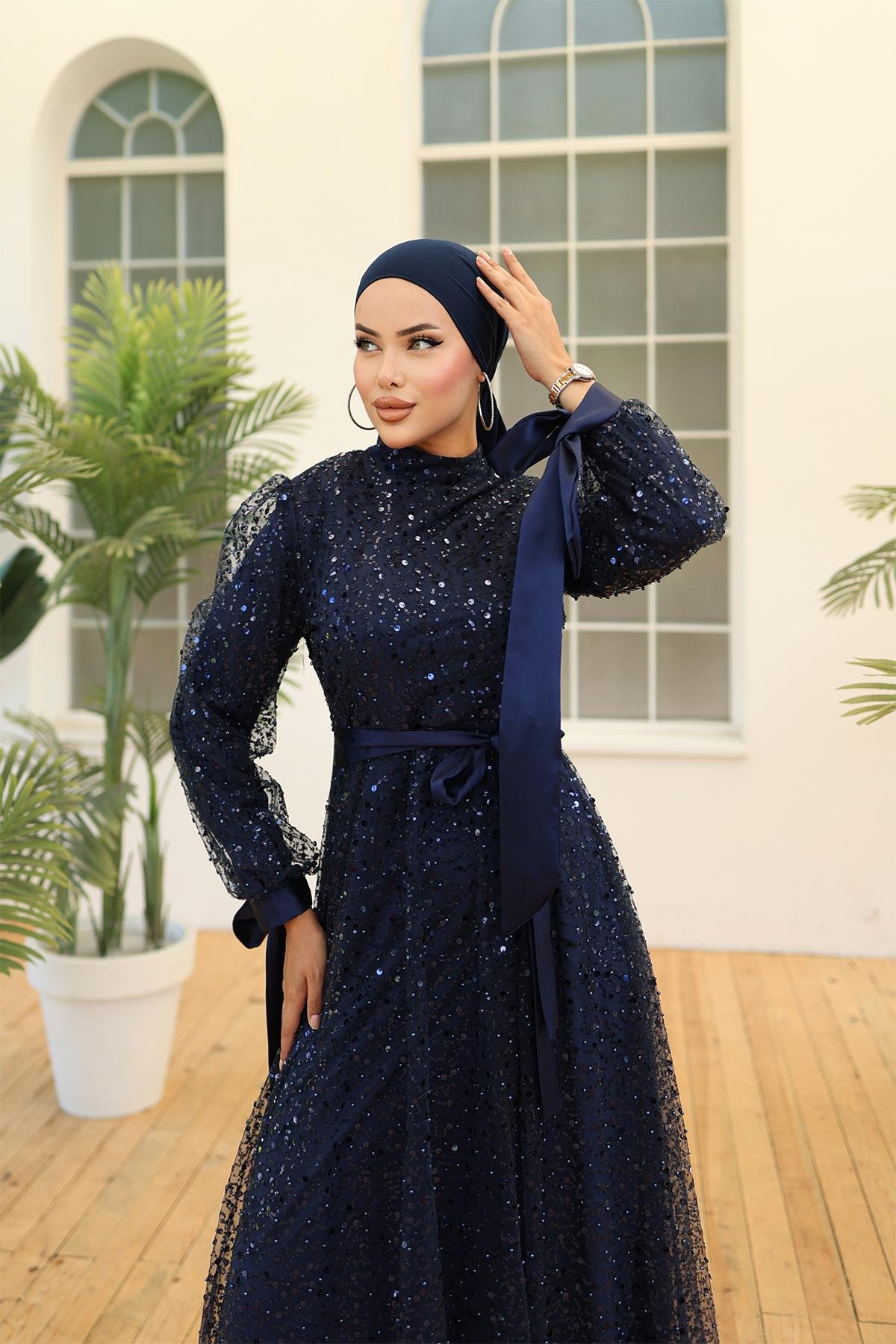 Tesettür Larissa Boncuklu Tül Abiye LacivertLP5015