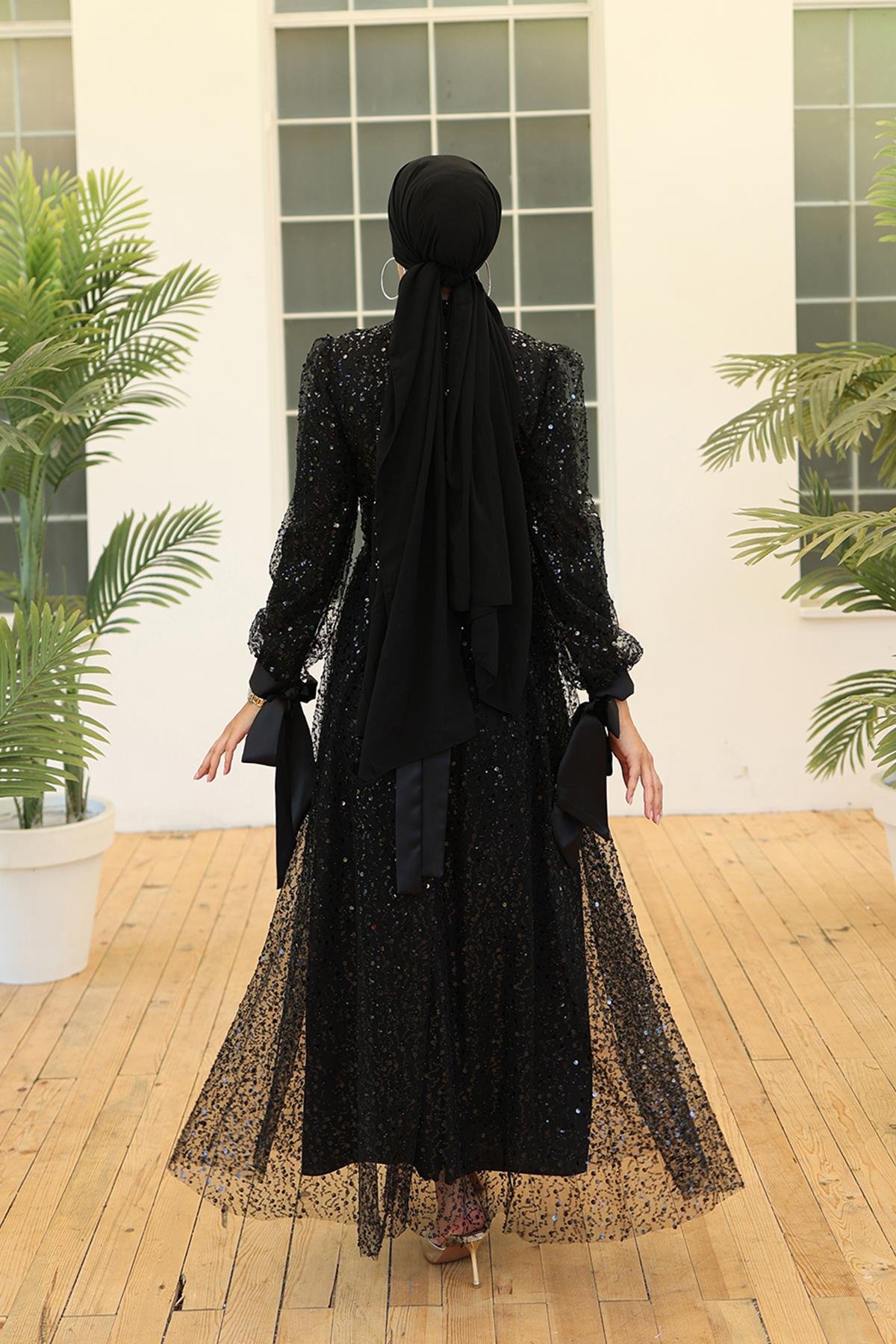 Tesettür Larissa Boncuklu Tül Abiye SiyahLP5015