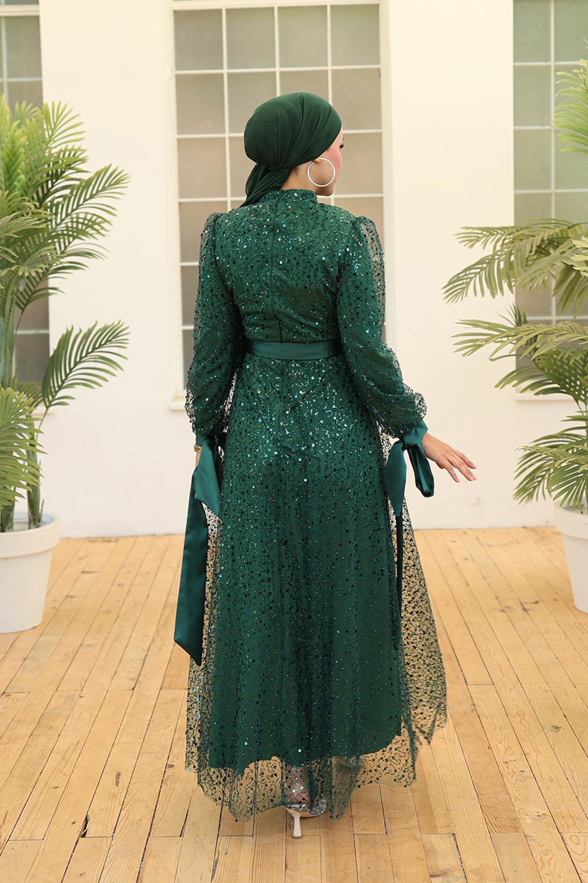 Tesettür Larissa Boncuklu Tül Abiye Zümrüt YeşiliLP5015