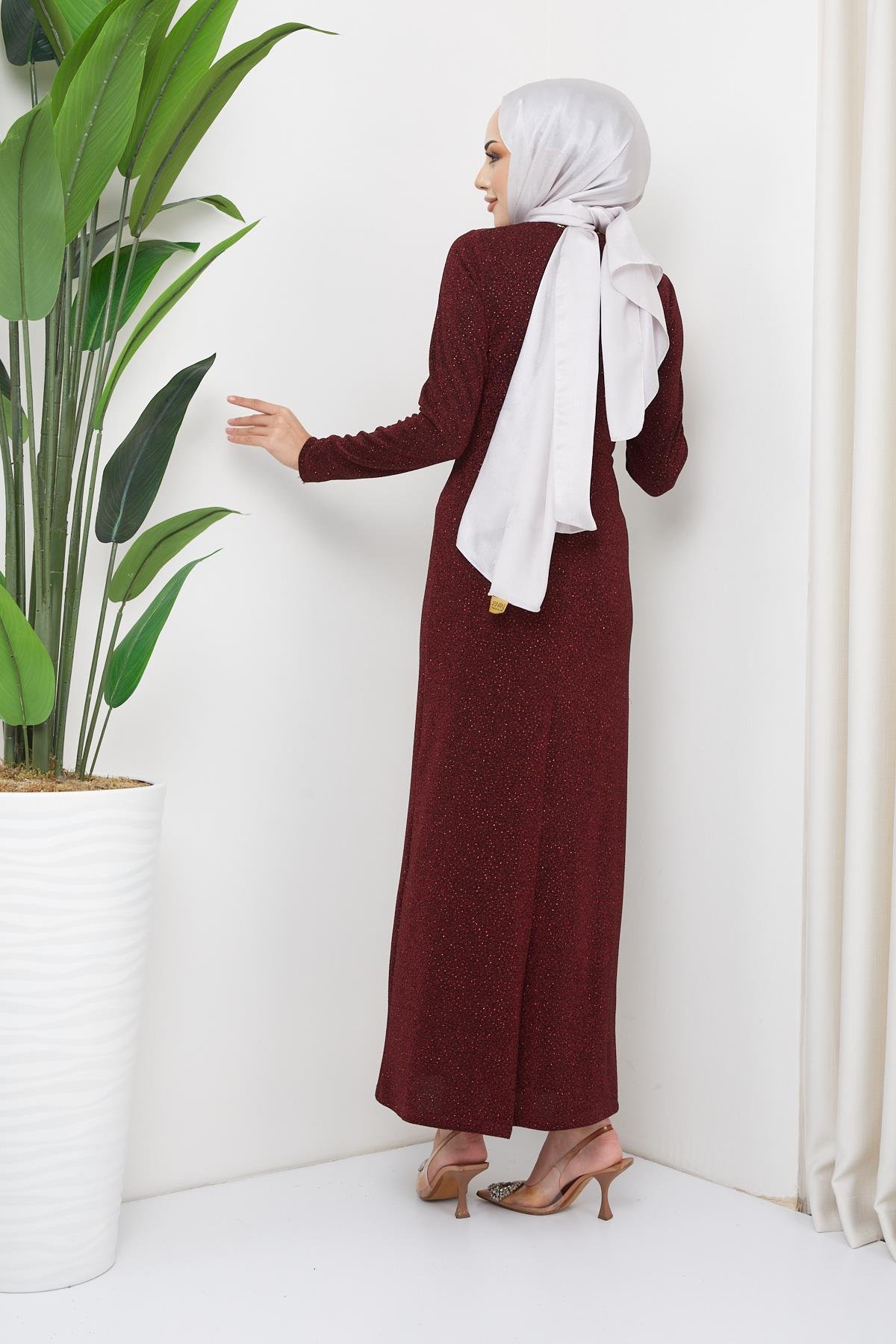 Hijab Linda Glitter Stone Pencil Evening Dress Claret RedHM2004-1