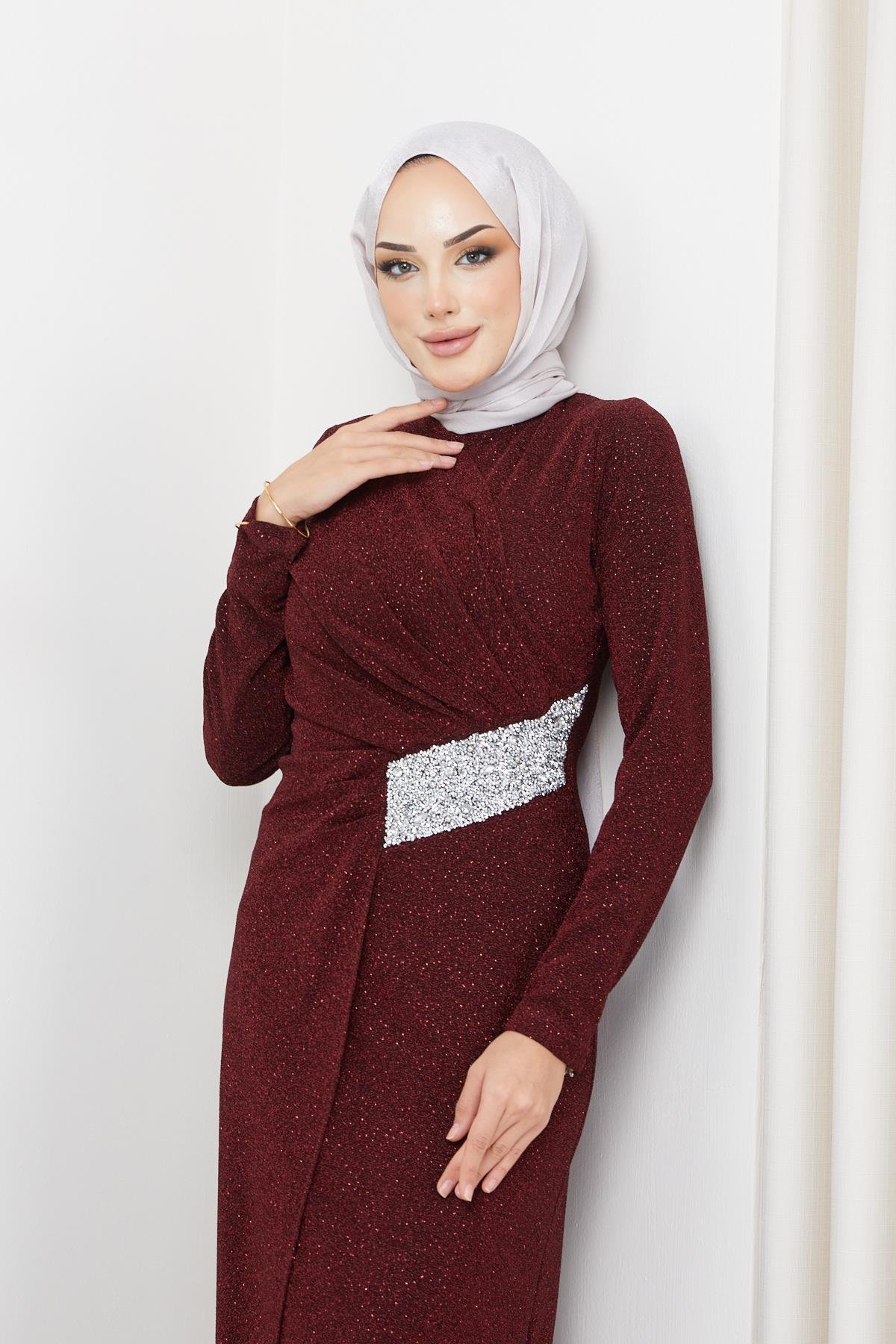 Hijab Linda Glitter Stone Pencil Evening Dress Claret RedHM2004-1