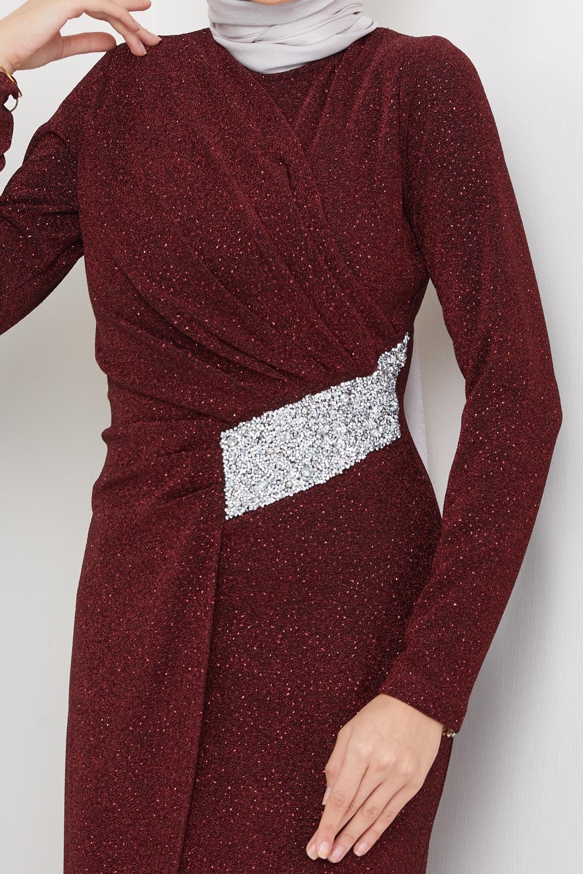 Hijab Linda Glitter Stone Pencil Evening Dress Claret RedHM2004-1