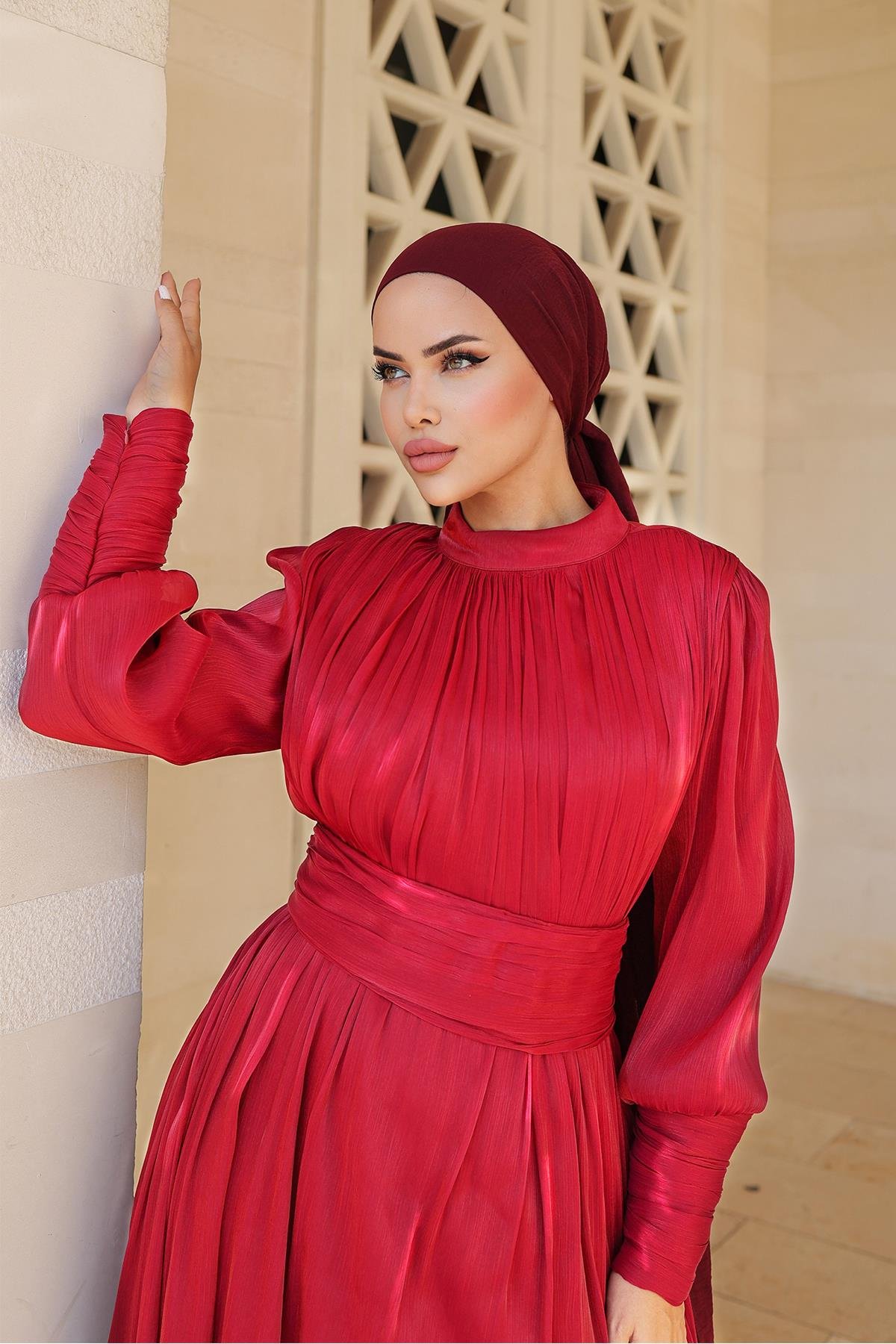 Tesettür Liya Işıltı Abiye BordoLP6086