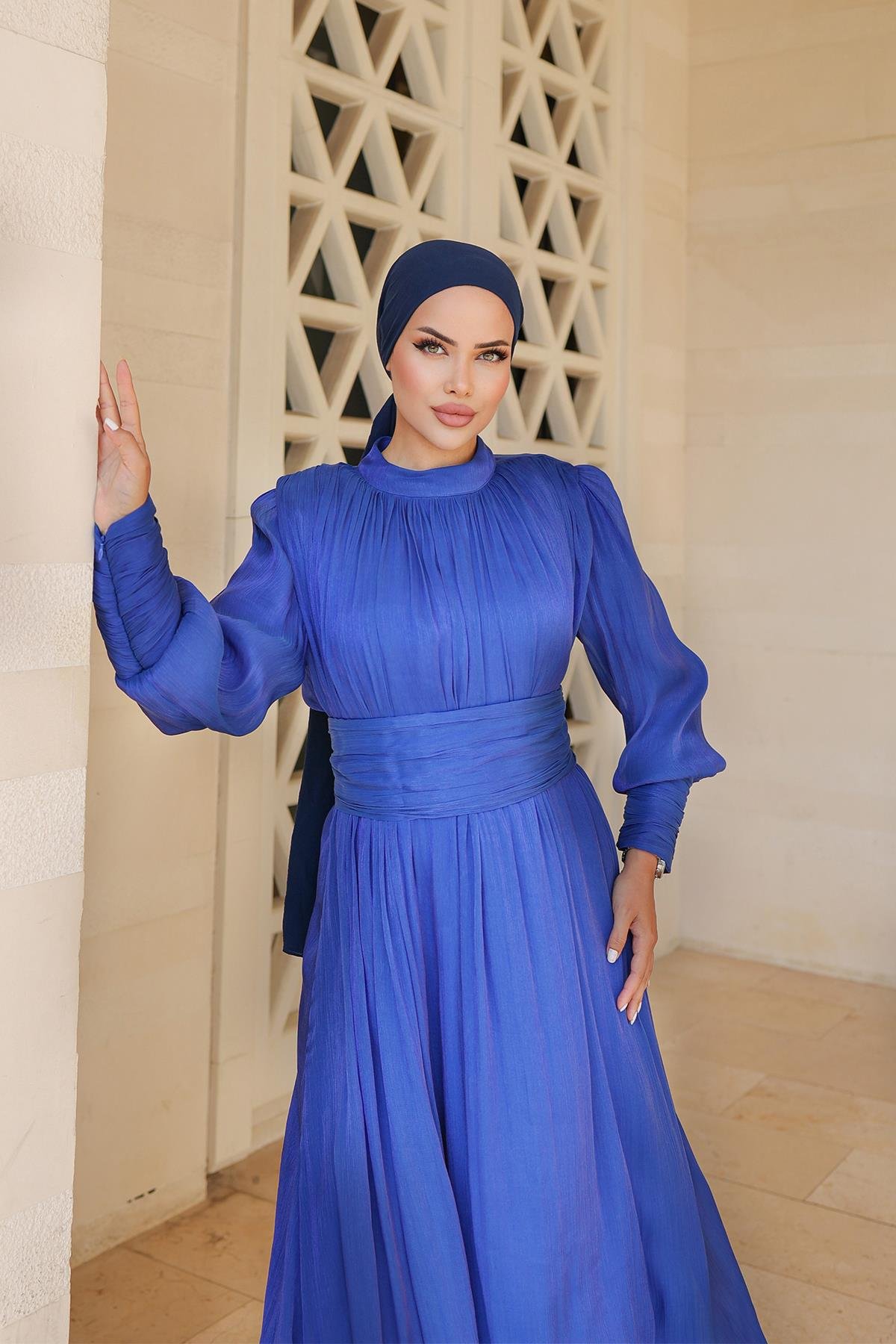 Tesettür Liya Işıltı Abiye Saks MavisiLP6086