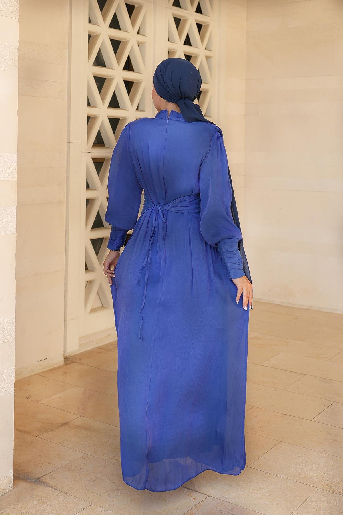 Tesettür Liya Işıltı Abiye Saks MavisiLP6086