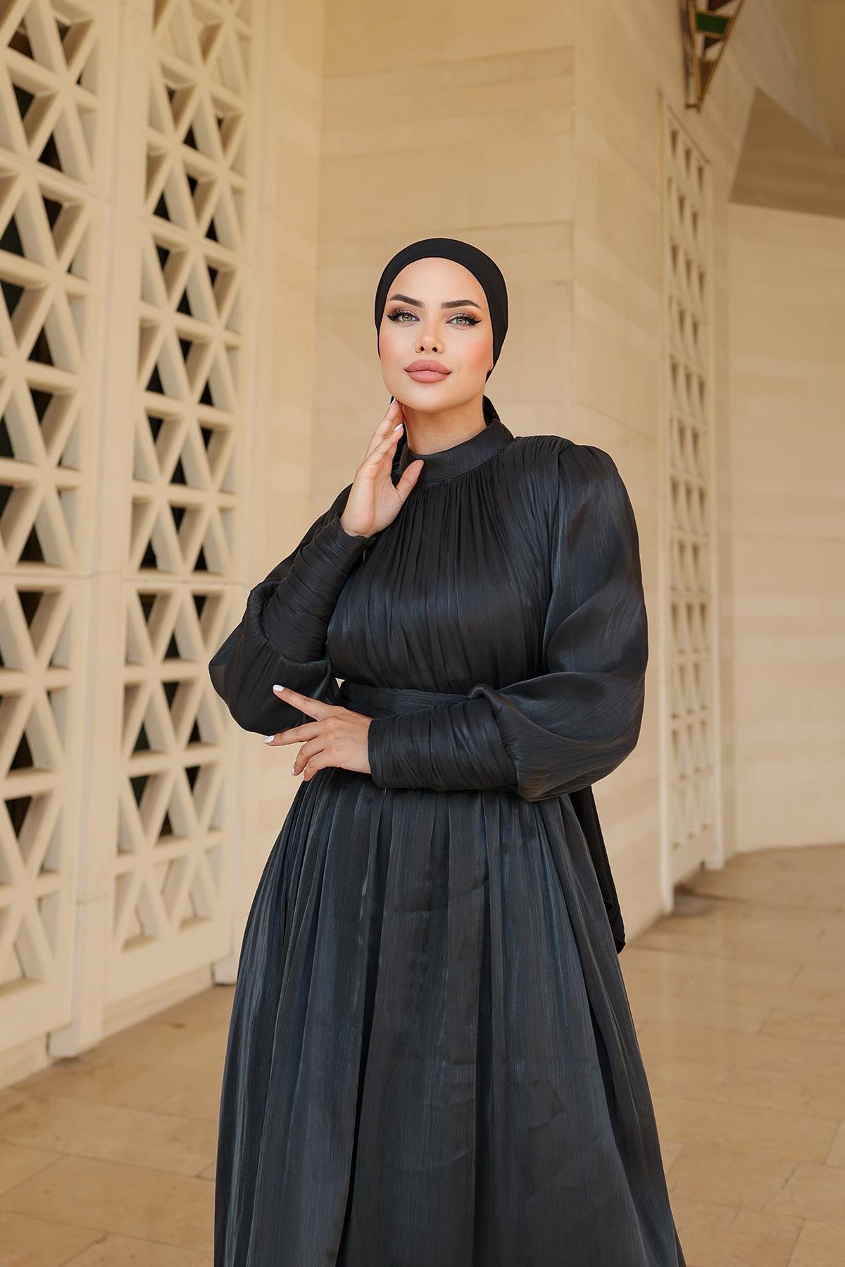 Tesettür Liya Işıltı Abiye SiyahLP6086