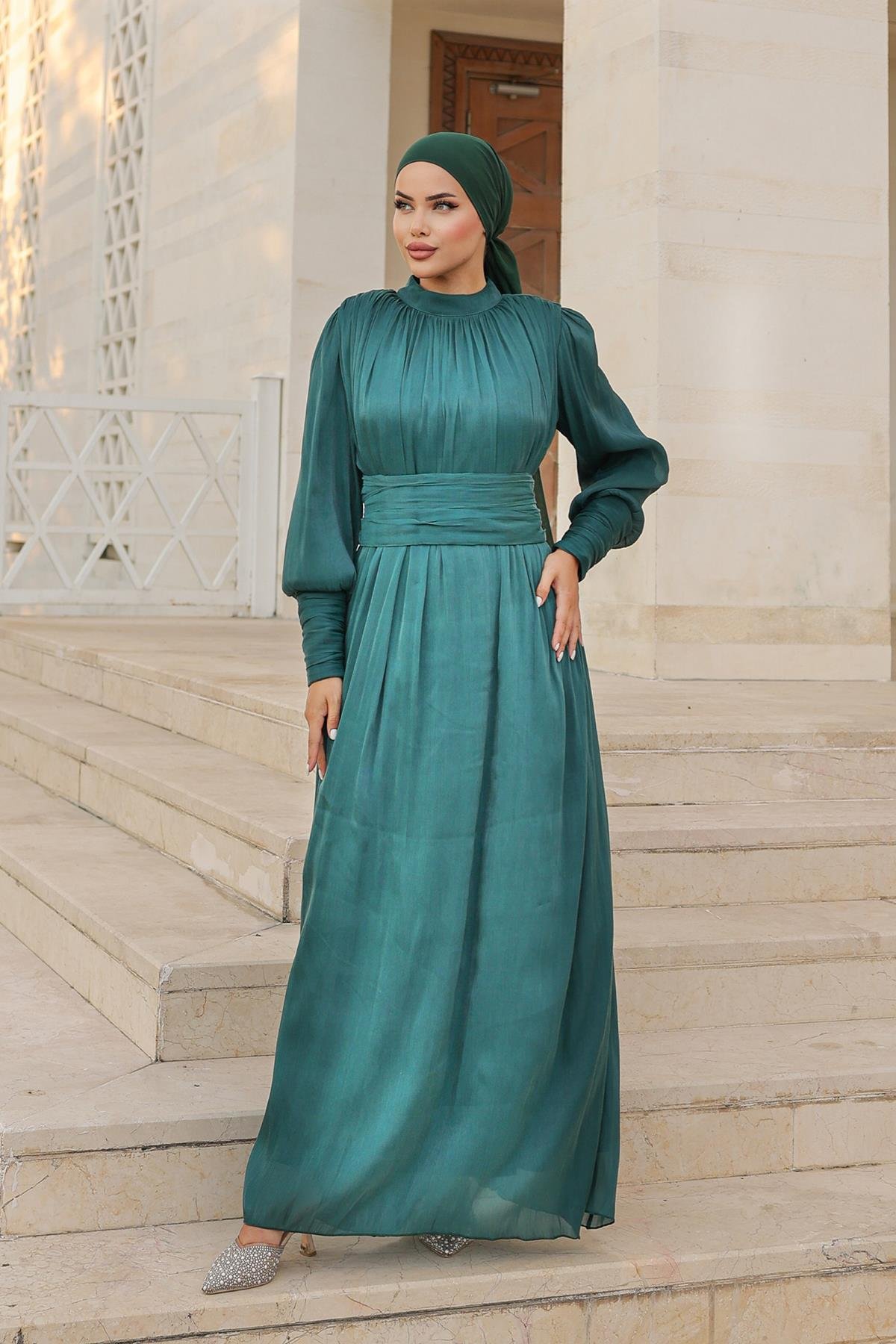 Tesettür Liya Işıltı Abiye Zümrüt YeşiliLP6086