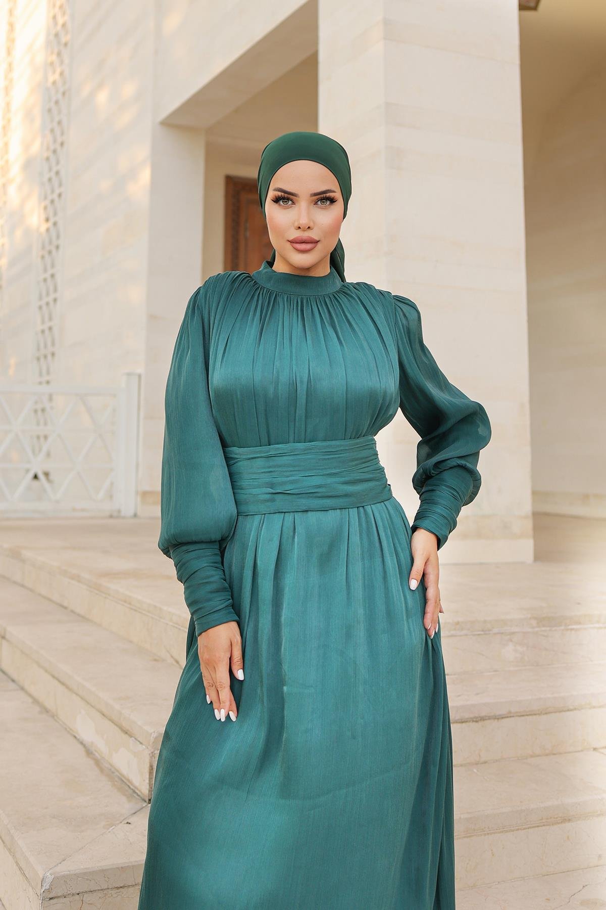 Tesettür Liya Işıltı Abiye Zümrüt YeşiliLP6086