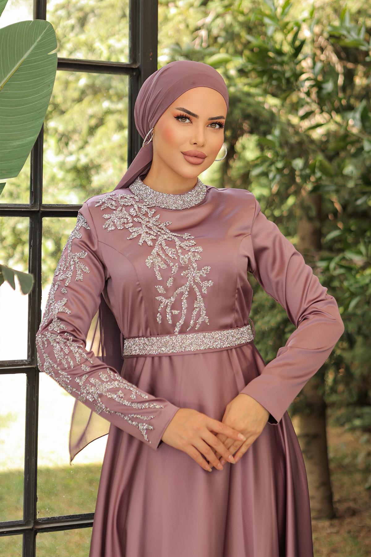 Tesettür Liya Meç Süslemeli Saten Abiye LilaHM2009