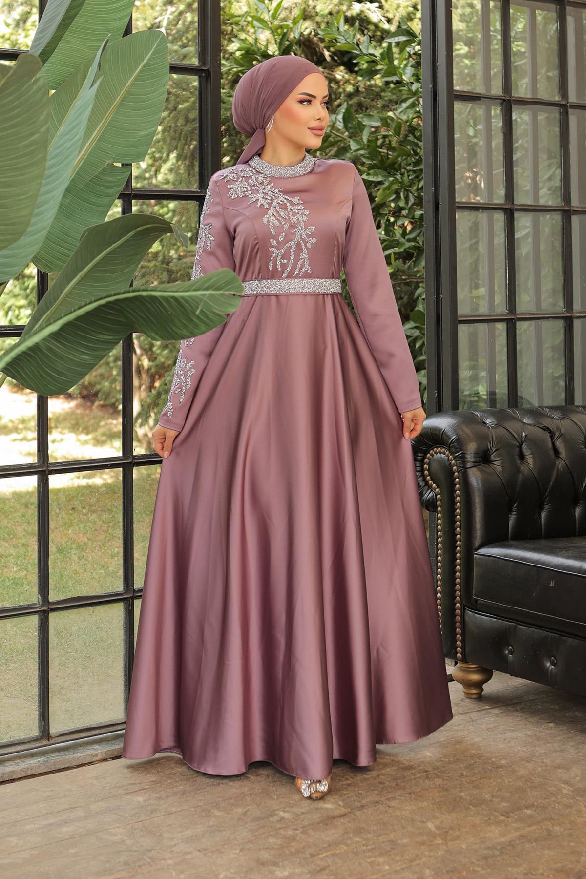 Tesettür Liya Meç Süslemeli Saten Abiye LilaHM2009