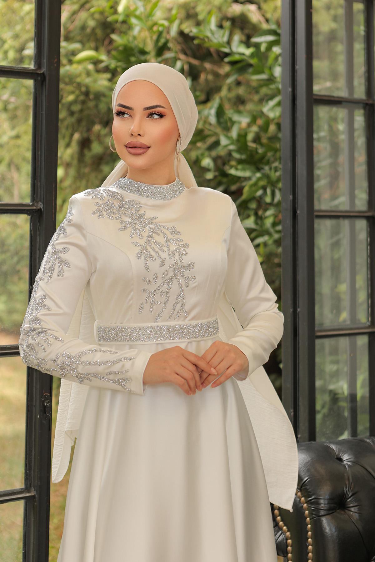 Tesettür Liya Meç Süslemeli Saten Abiye EkruHM2009