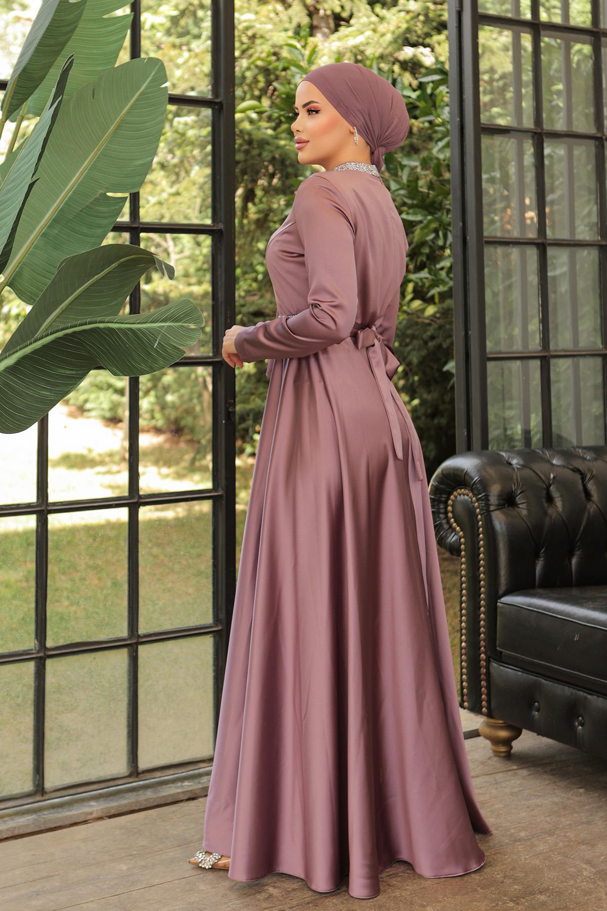 Tesettür Liya Meç Süslemeli Saten Abiye LilaHM2009