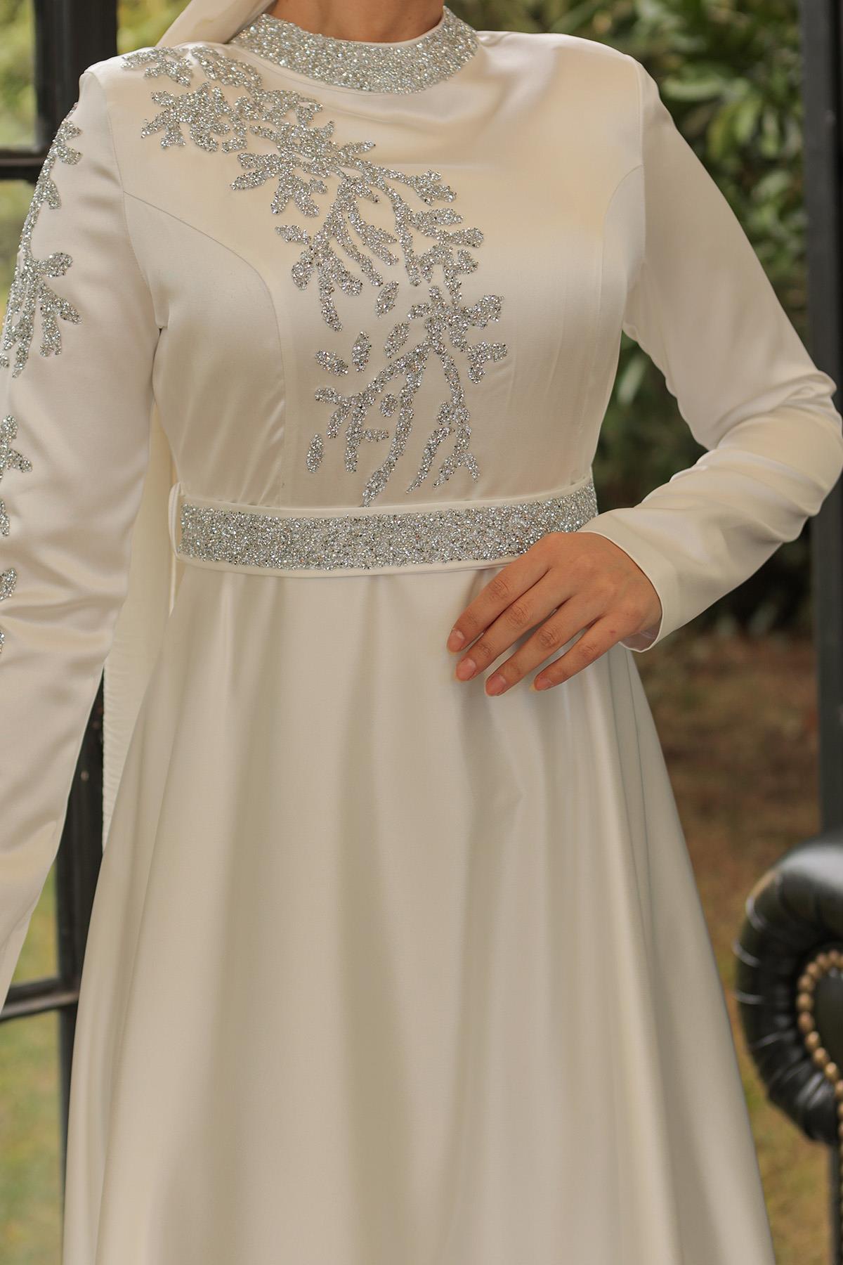 Tesettür Liya Meç Süslemeli Saten Abiye EkruHM2009