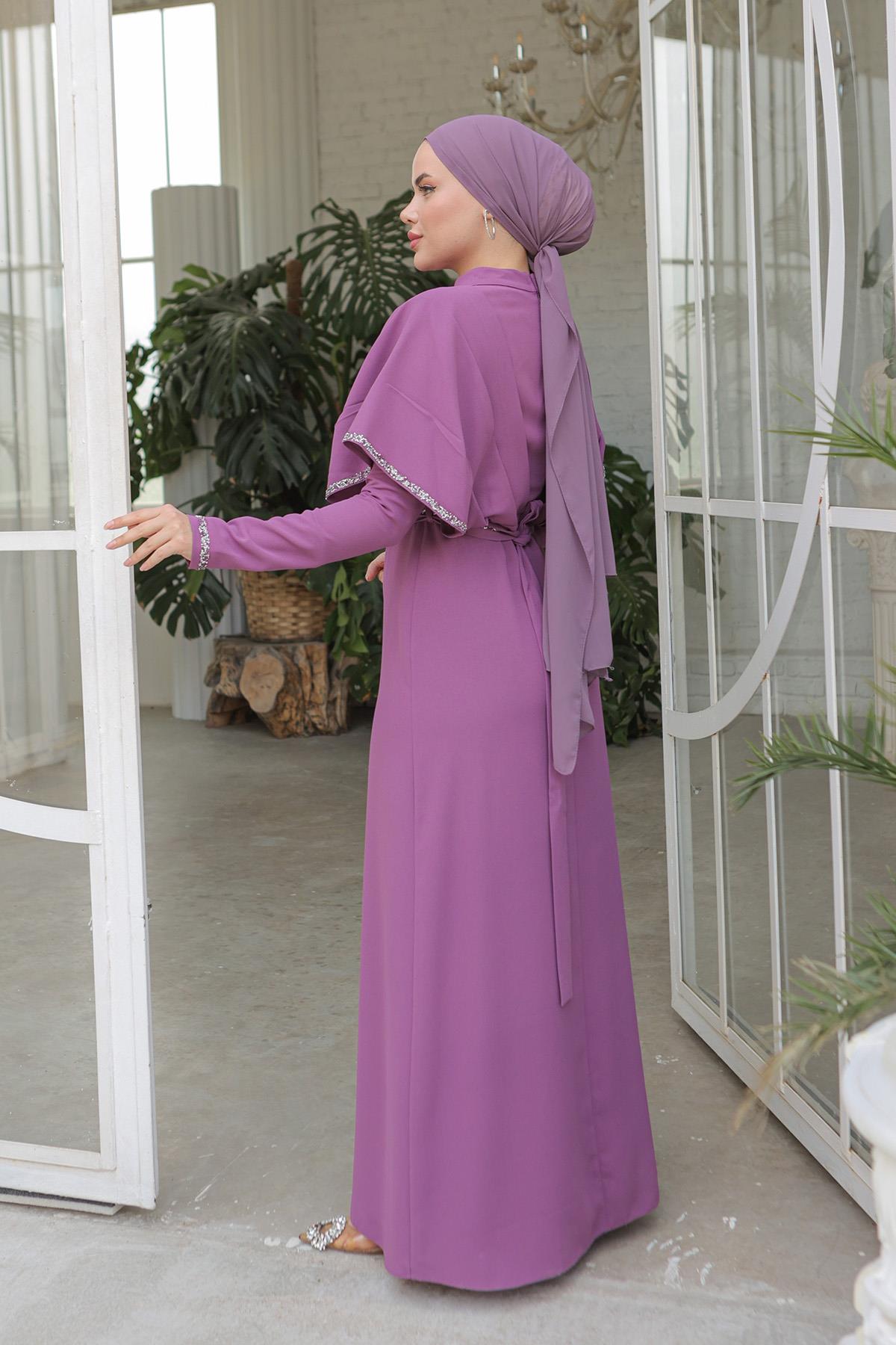 Tesettür Lotus Krep Elbise LilaLP6018