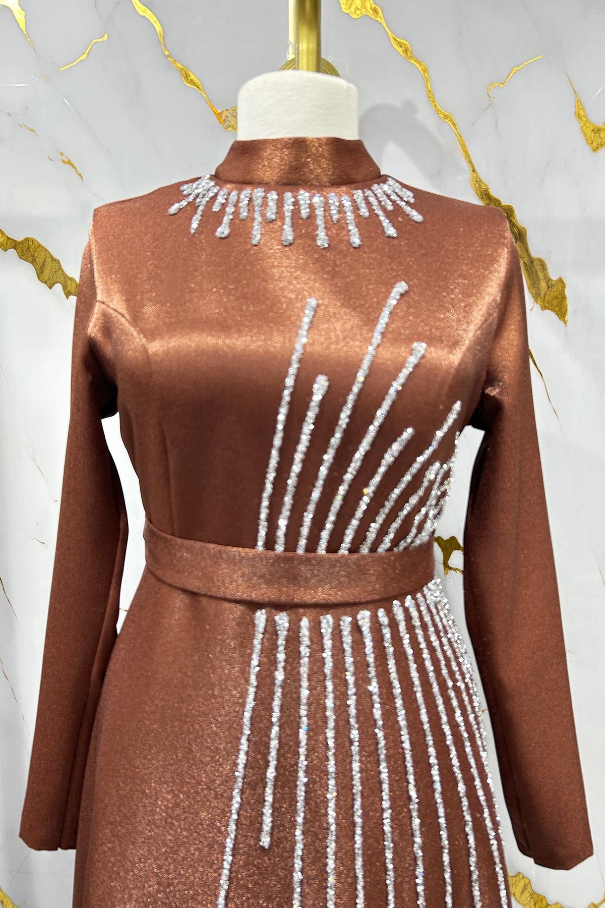 Tesettür Loya Krep Saten Abiye Bakır RengiLP6141-1