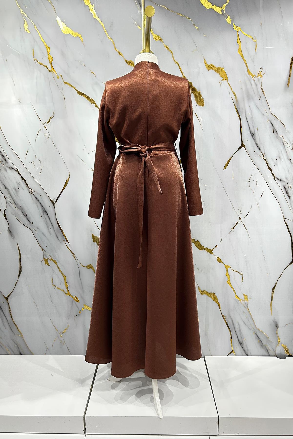 Tesettür Loya Krep Saten Abiye Bakır RengiLP6141-1