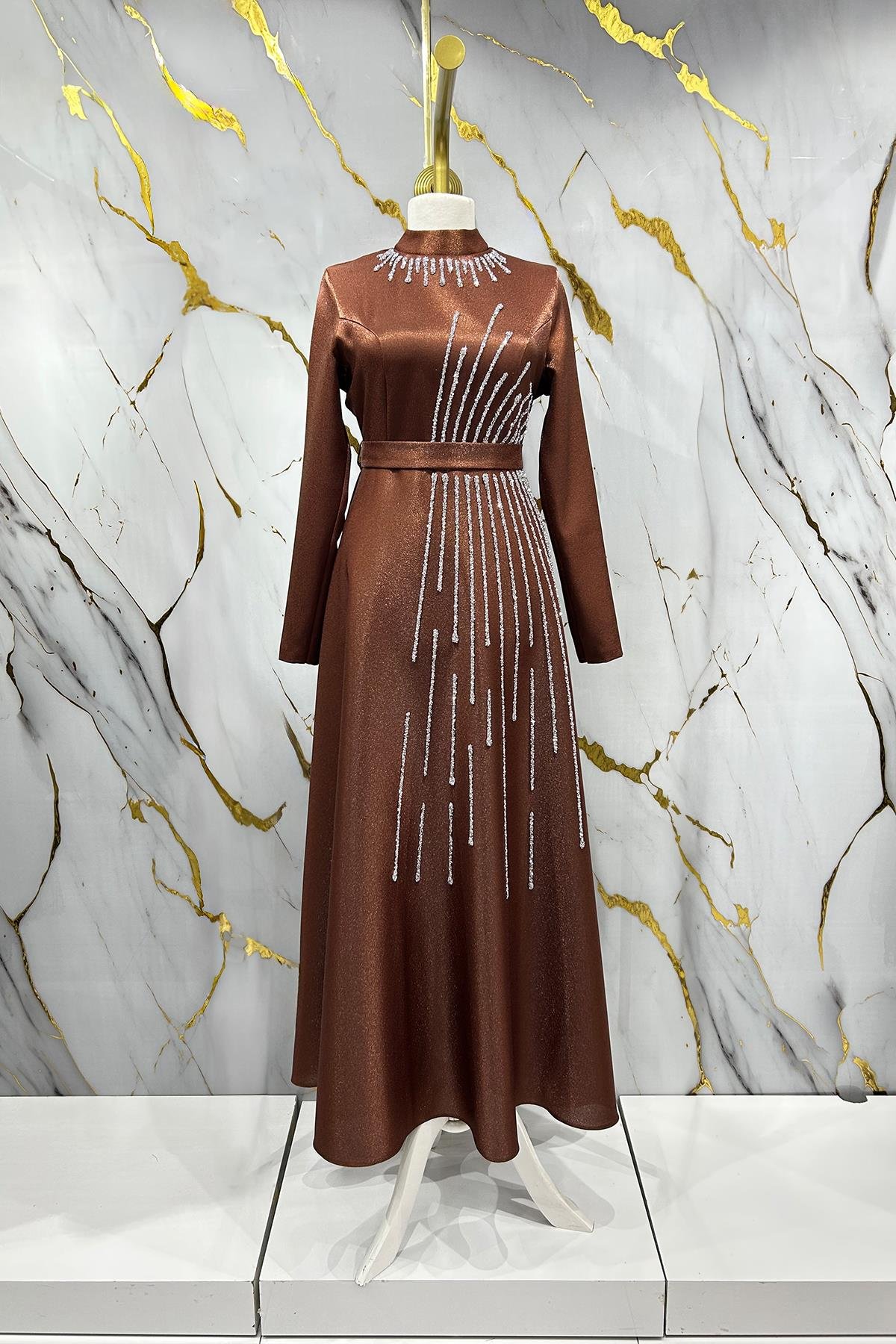 Tesettür Loya Krep Saten Abiye Bakır RengiLP6141-1