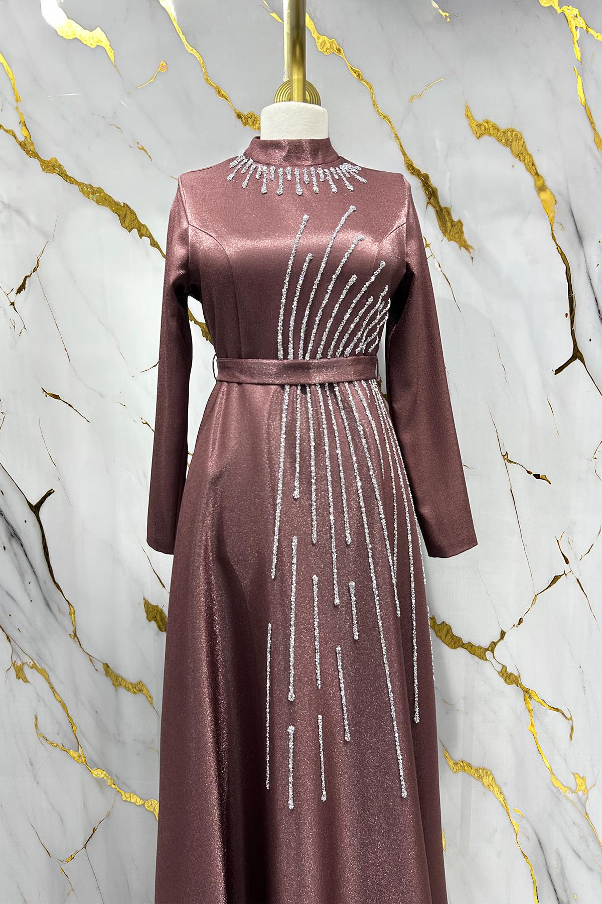 Tesettür Loya Krep Saten Abiye GülLP6141-1