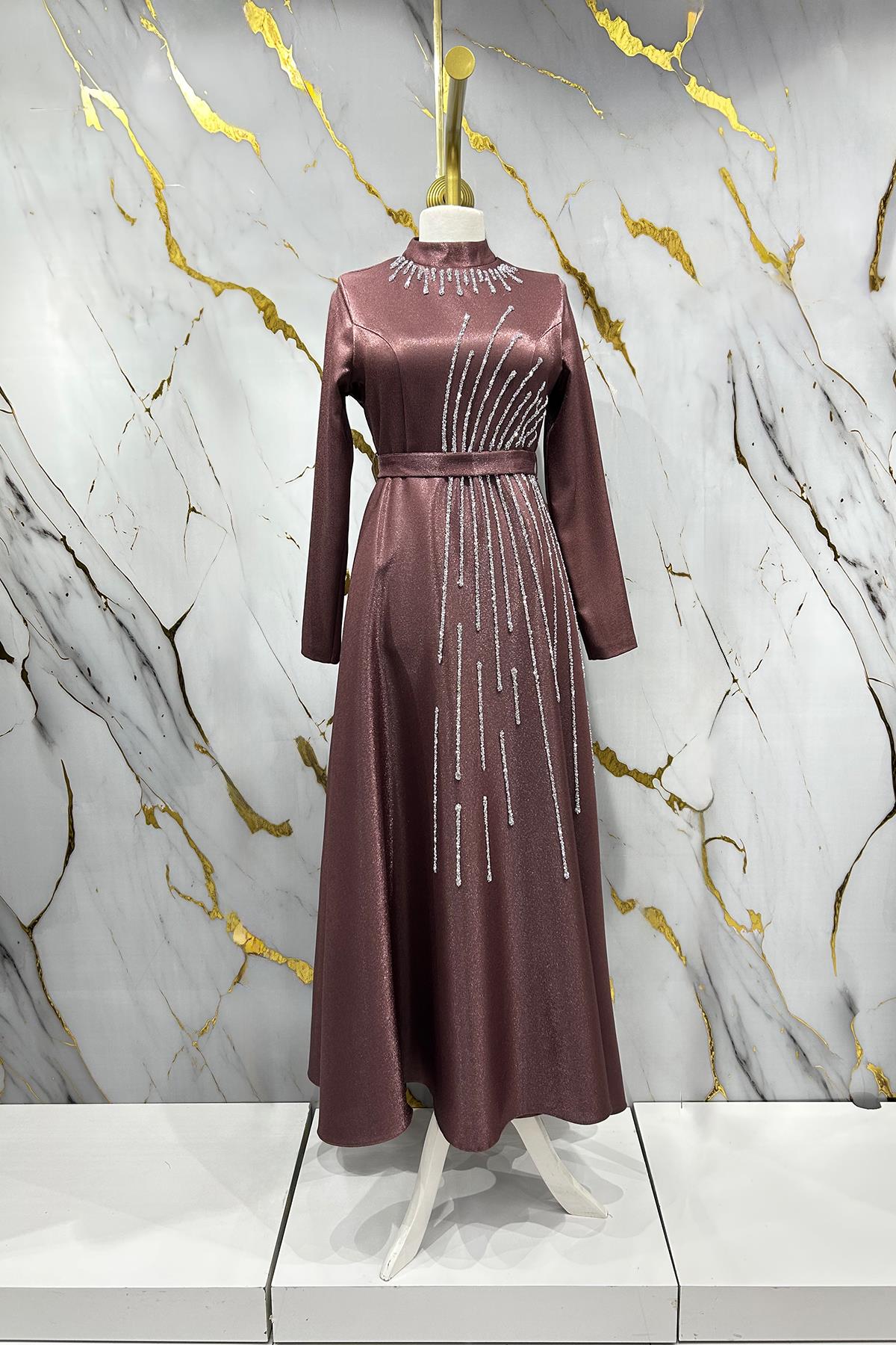 Tesettür Loya Krep Saten Abiye GülLP6141-1