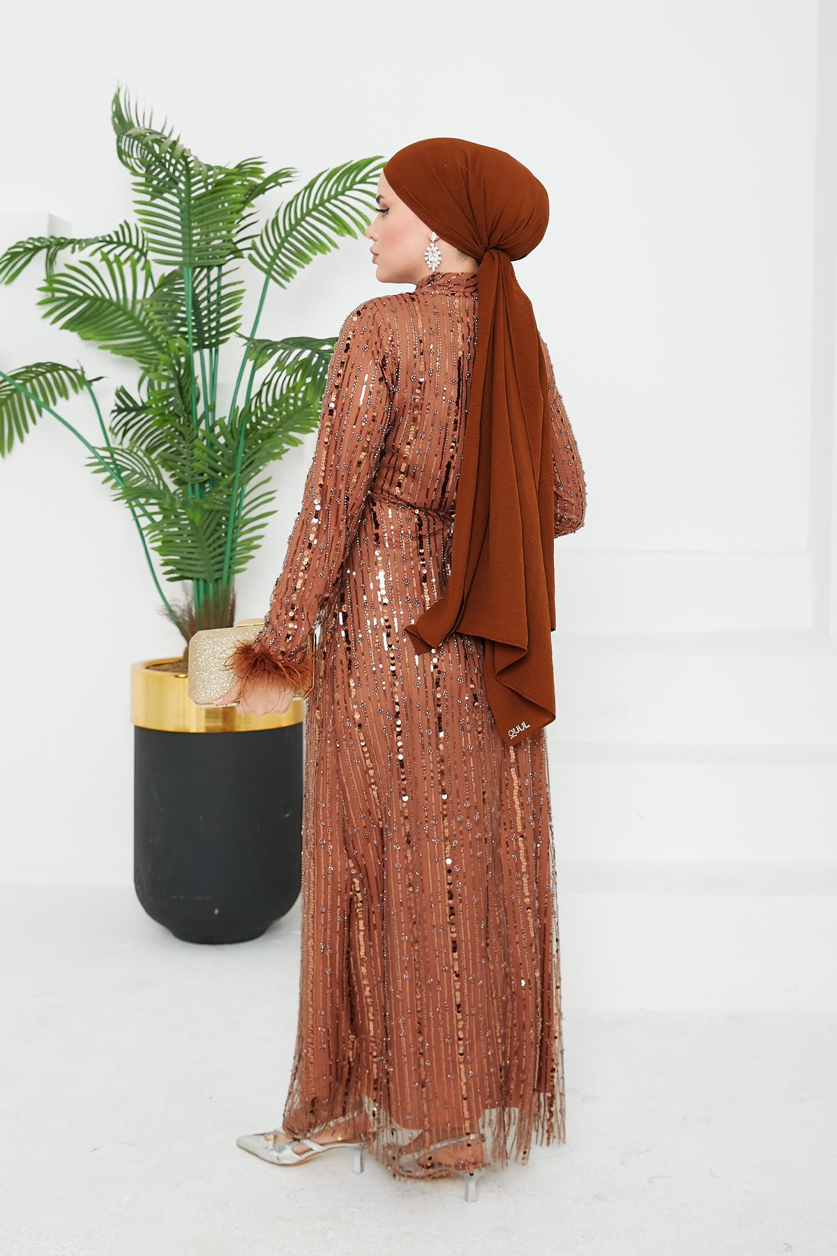 Tesettür Luana Boncuklu Abiye Bakır RengiLP6144
