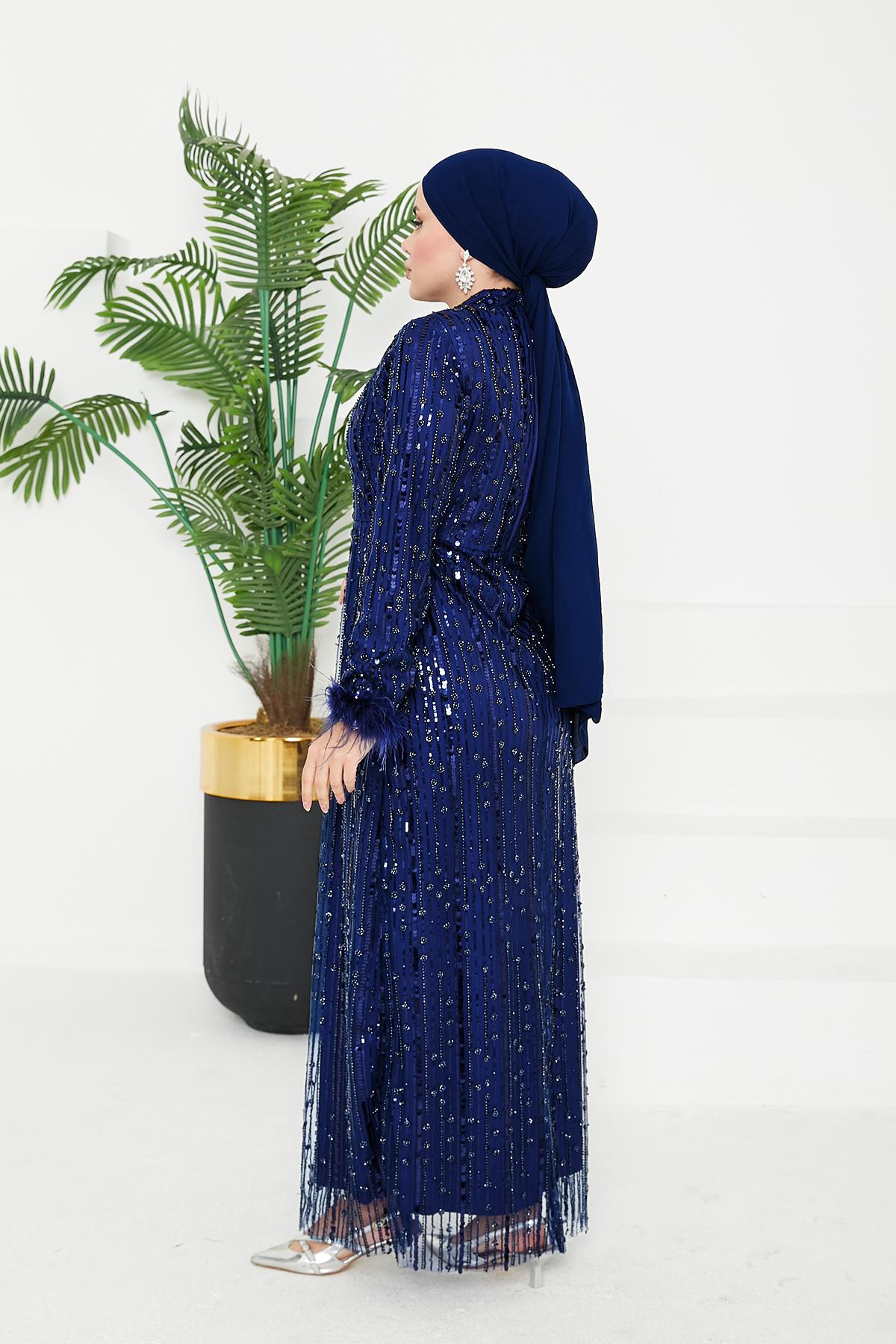 Tesettür Luana Boncuklu Abiye LacivertLP6144