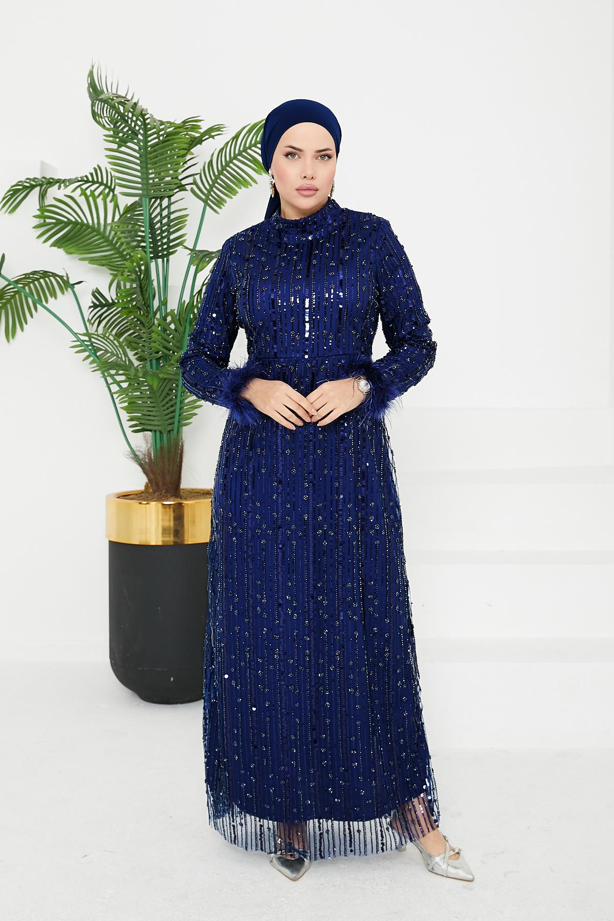 Tesettür Luana Boncuklu Abiye LacivertLP6144