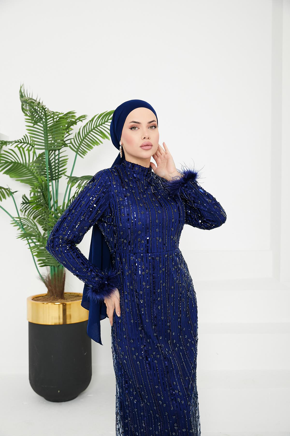 Tesettür Luana Boncuklu Abiye LacivertLP6144