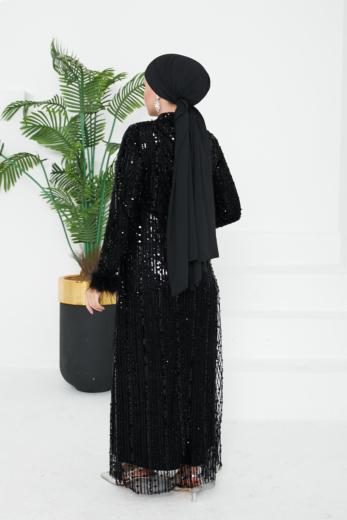 Tesettür Luana Boncuklu Abiye SiyahLP6144