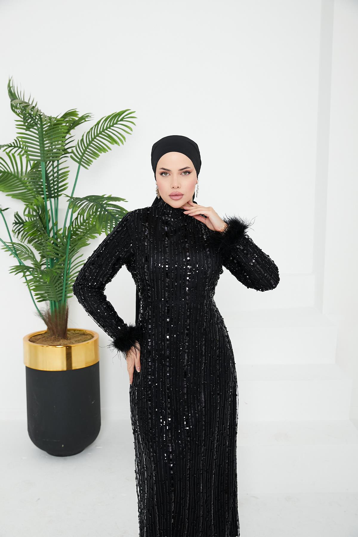 Tesettür Luana Boncuklu Abiye SiyahLP6144