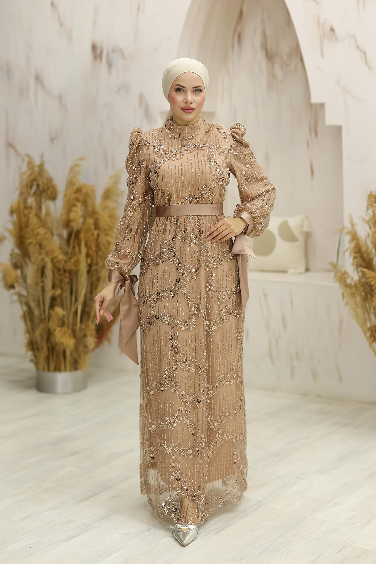 Tesettür Lumia Boncuklu Abiye Gold RengiLP6139