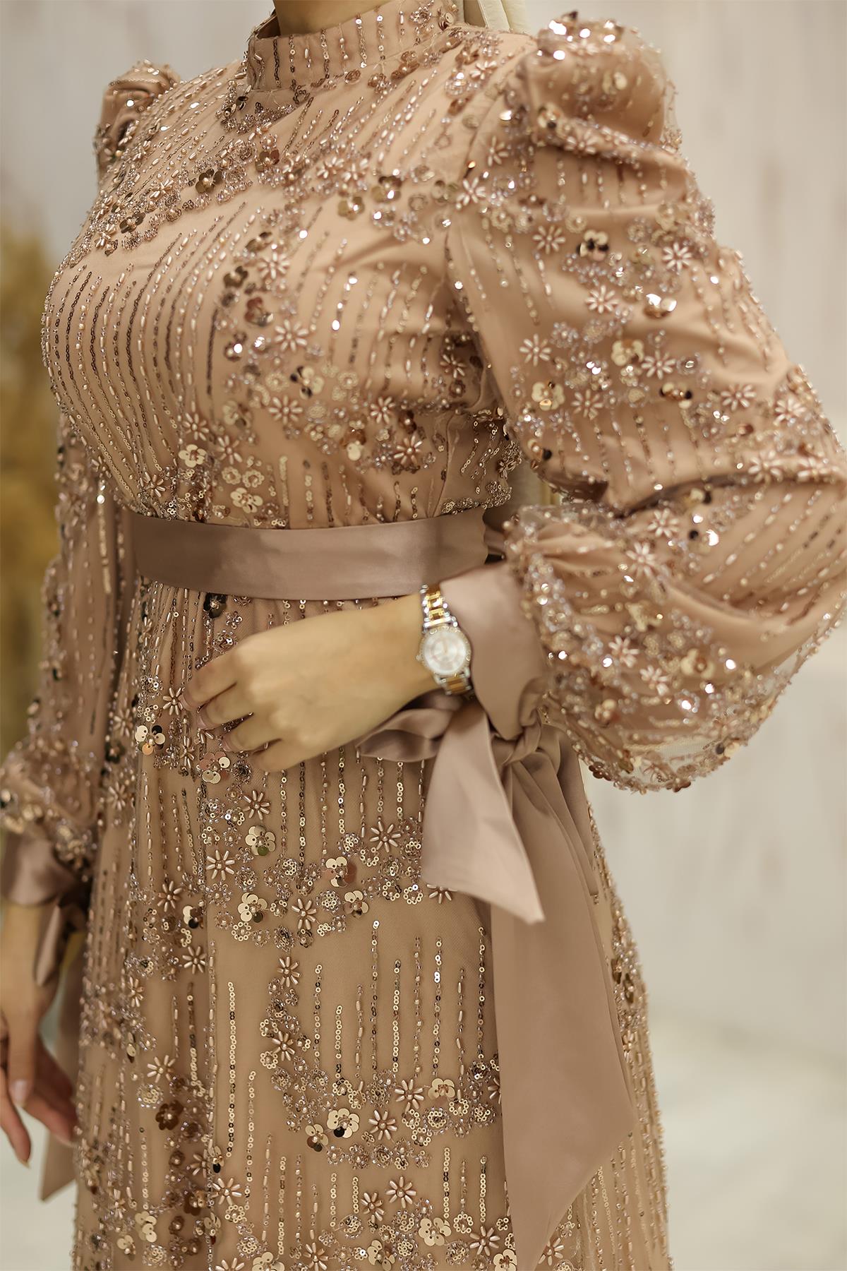 Tesettür Lumia Boncuklu Abiye Gold RengiLP6139