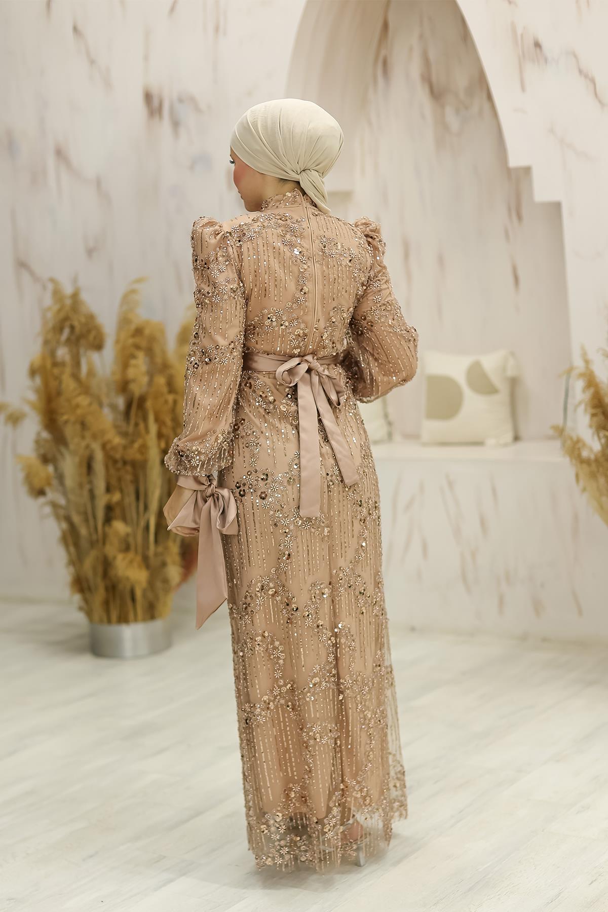 Tesettür Lumia Boncuklu Abiye Gold RengiLP6139