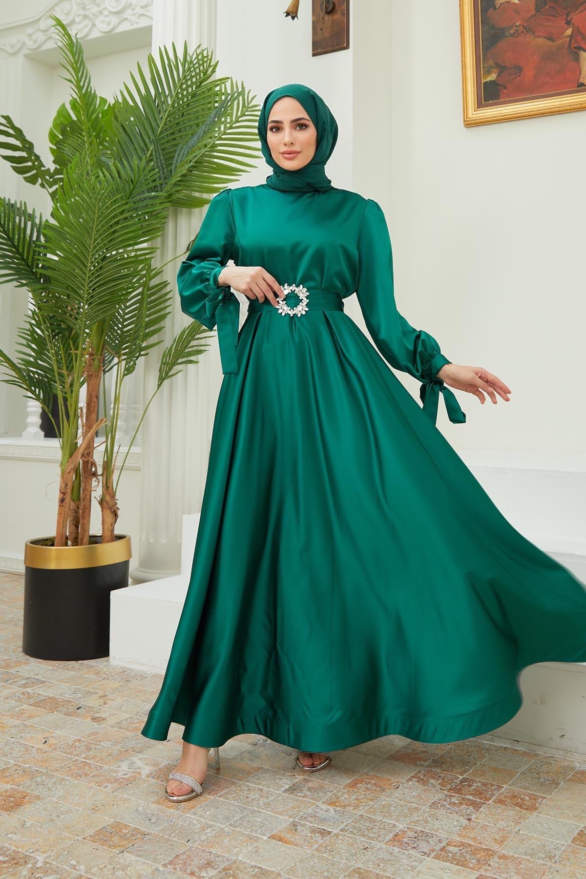 Hijab Cuff Laced Belt Stone Satin evening dress emerald greenHM4133-1